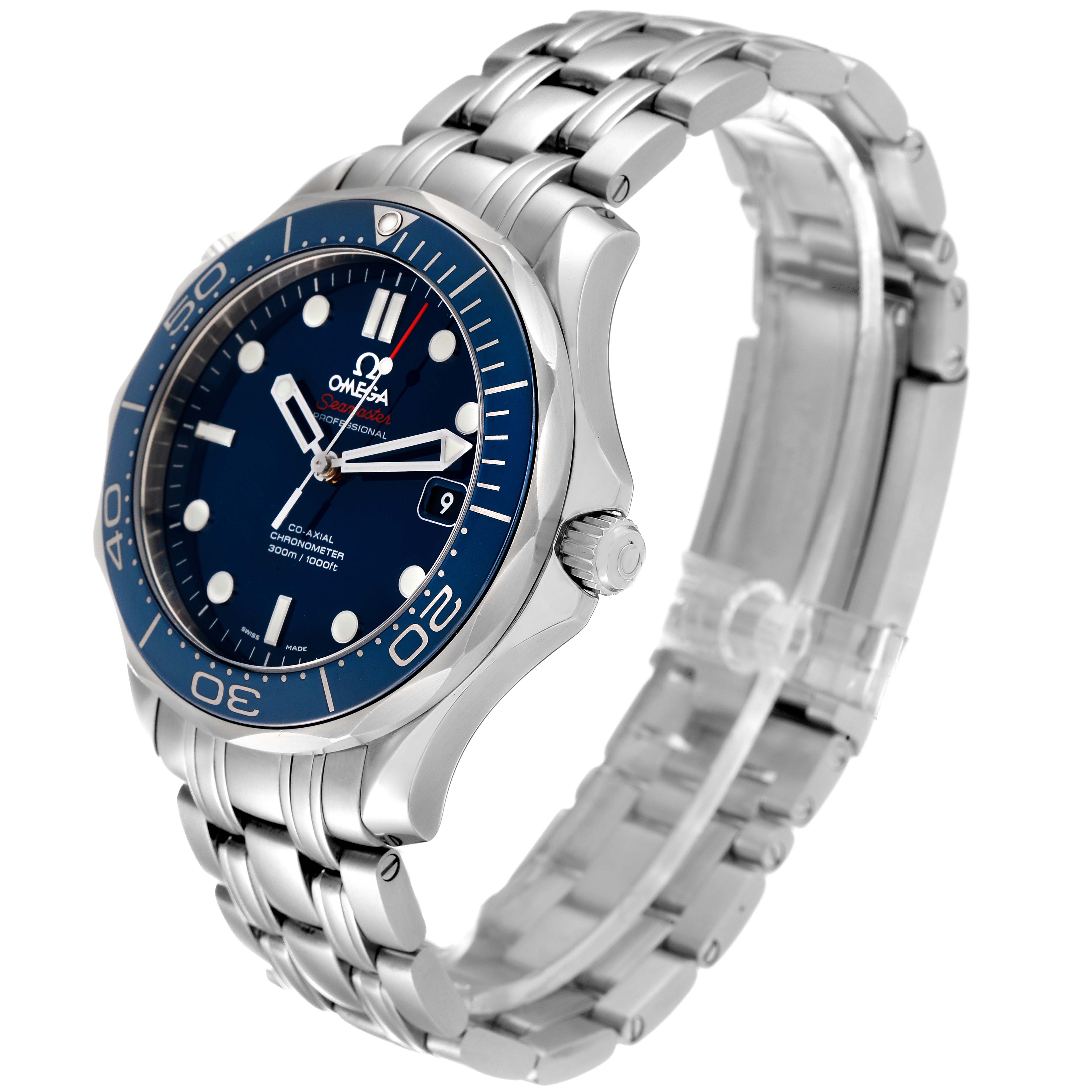 The image shows the Omega Seamaster 212.30.41.20.03.001 Men's Stainless Steel Blue Dial 212.30.41.20.03.001 Men's Stainless Steel Blue Dial watch from a three-quarter angle, highlighting its face, bezel, crown, and metal bracelet.