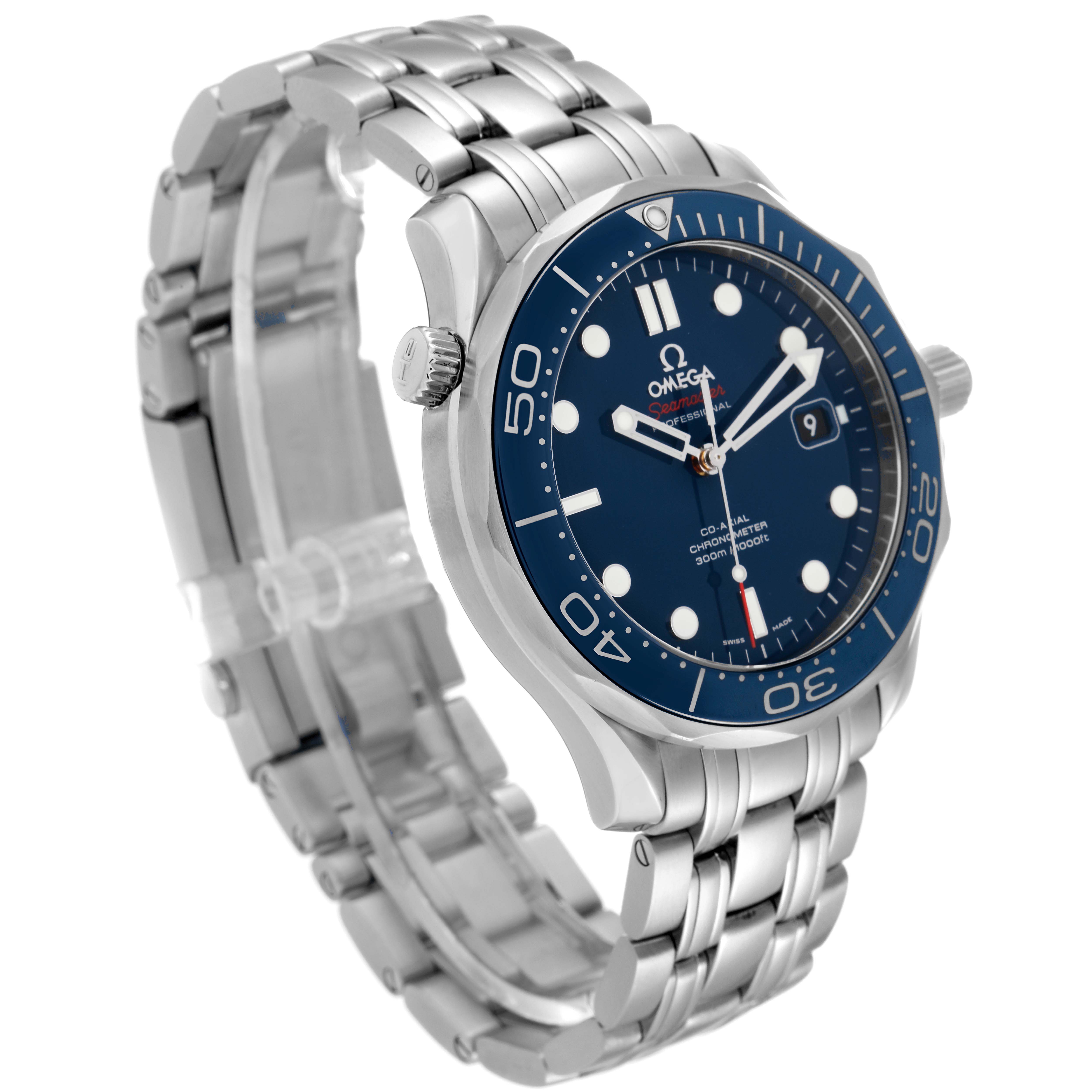 This image shows an Omega Seamaster 212.30.41.20.03.001 Men's Stainless Steel Blue Dial 212.30.41.20.03.001 Men's Stainless Steel Blue Dial watch at a 3/4 angle, highlighting the dial, bezel, bracelet, and crown.