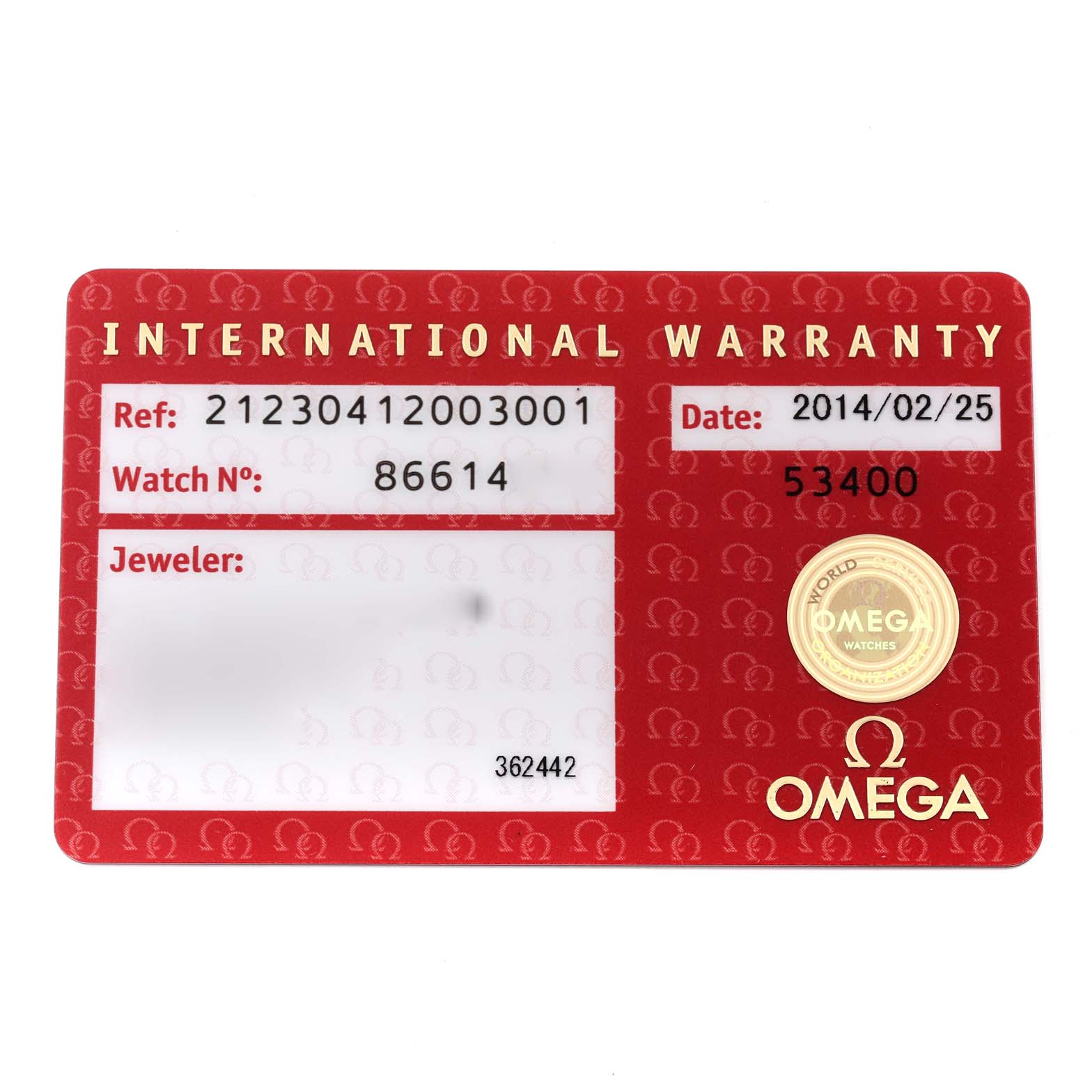 This is the international warranty card for an Omega Seamaster 212.30.41.20.03.001 Men's Stainless Steel Blue Dial 212.30.41.20.03.001 Men's Stainless Steel Blue Dial watch, displaying reference and serial numbers.