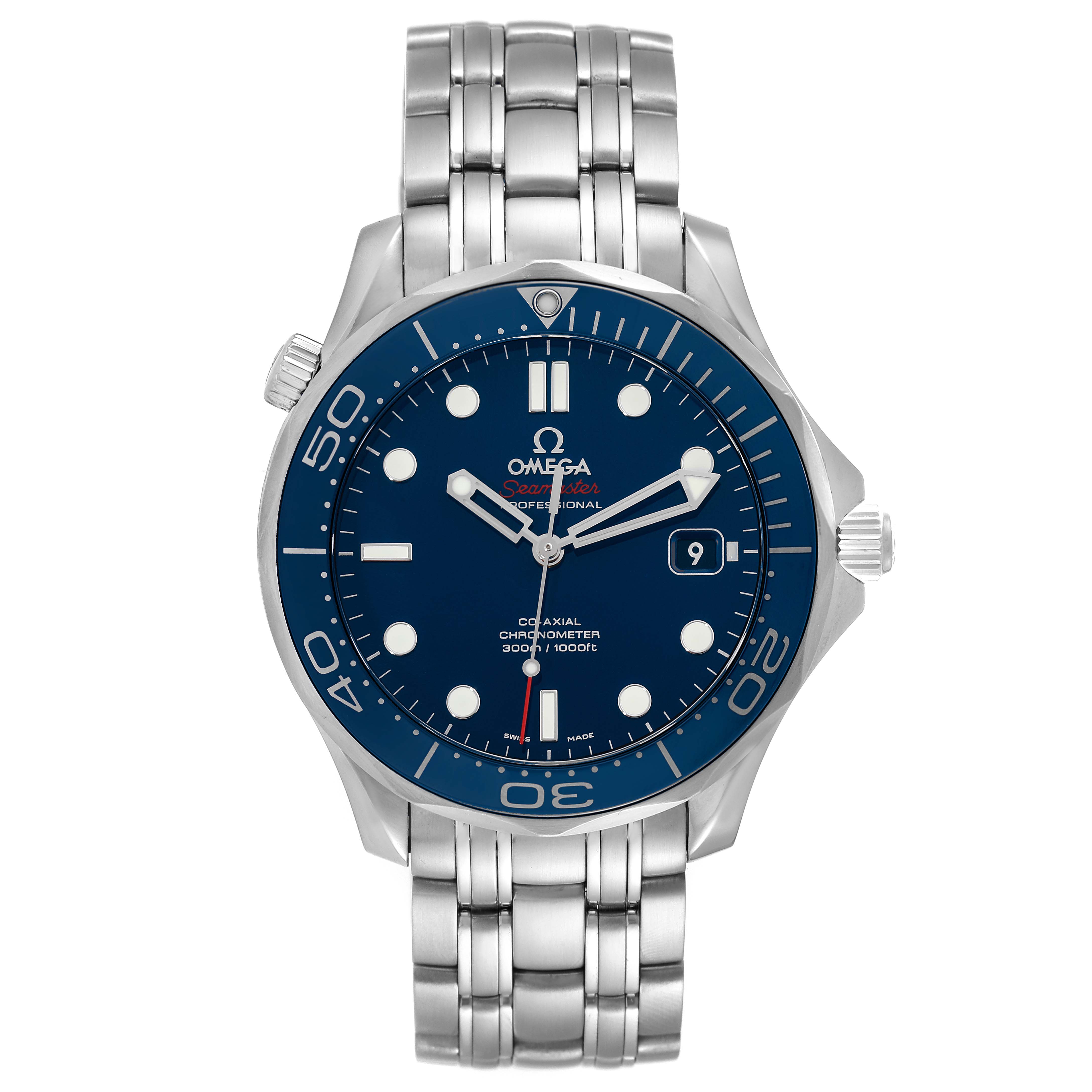 This image shows a front view of the Omega Seamaster 212.30.41.20.03.001 Men's Stainless Steel Blue Dial 212.30.41.20.03.001 Men's Stainless Steel Blue Dial watch, highlighting the face, bezel, crown, and metal bracelet.