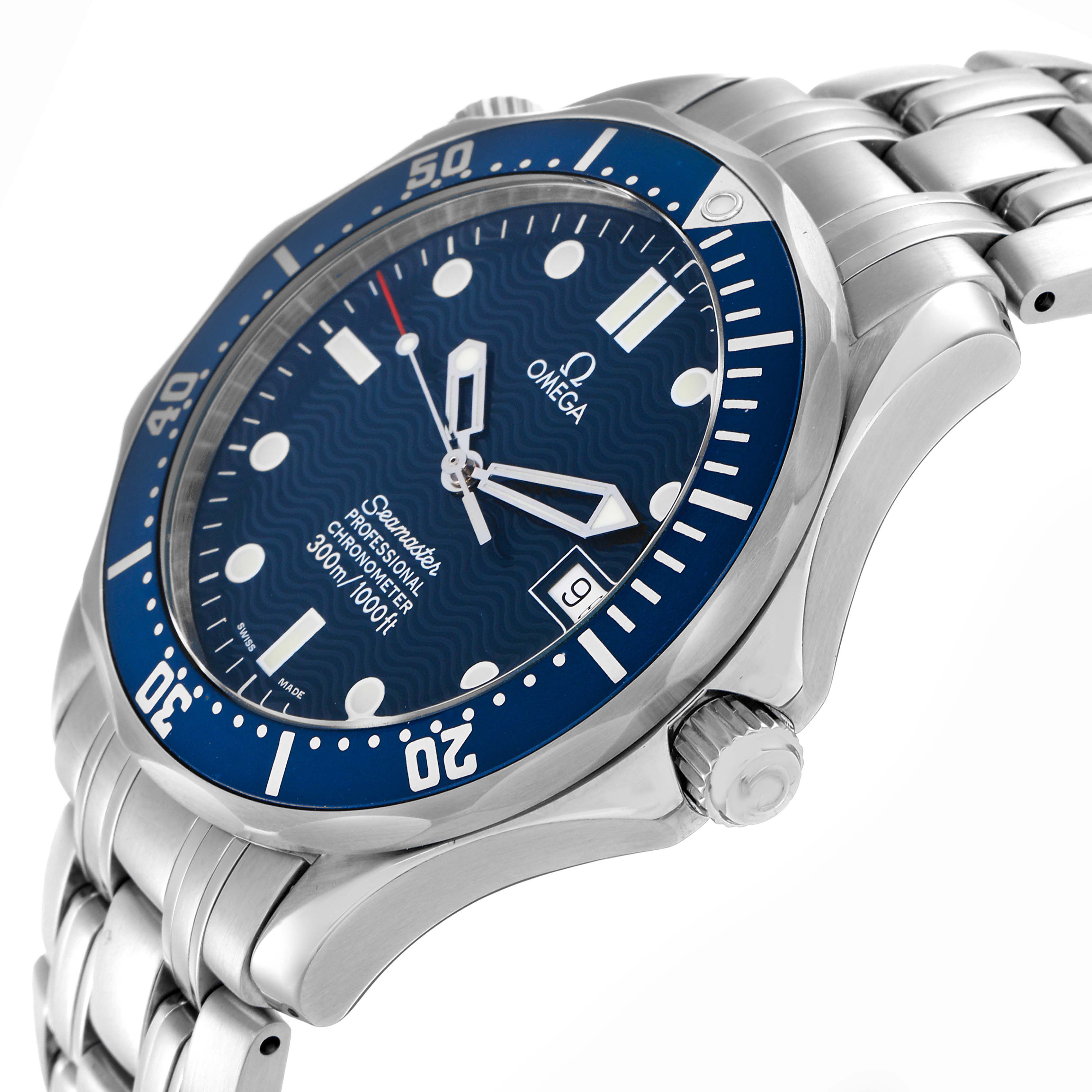 The Omega Seamaster 2531.80.00 Men
s Stainless Steel Blue Dial is shown at an oblique angle, highlighting the dial, bezel, crown, and stainless steel bracelet.