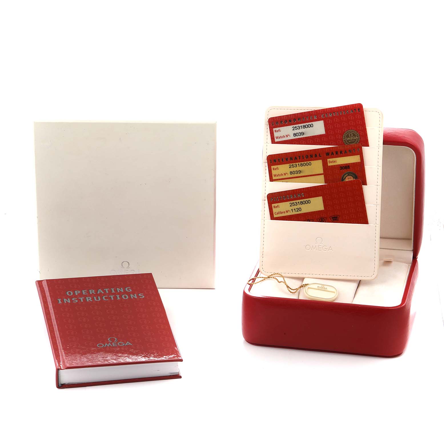 This image depicts Omega Seamaster 2531.80.00 Men
s Stainless Steel Blue Dial accessories including a red box, operating instructions, and warranty cards.