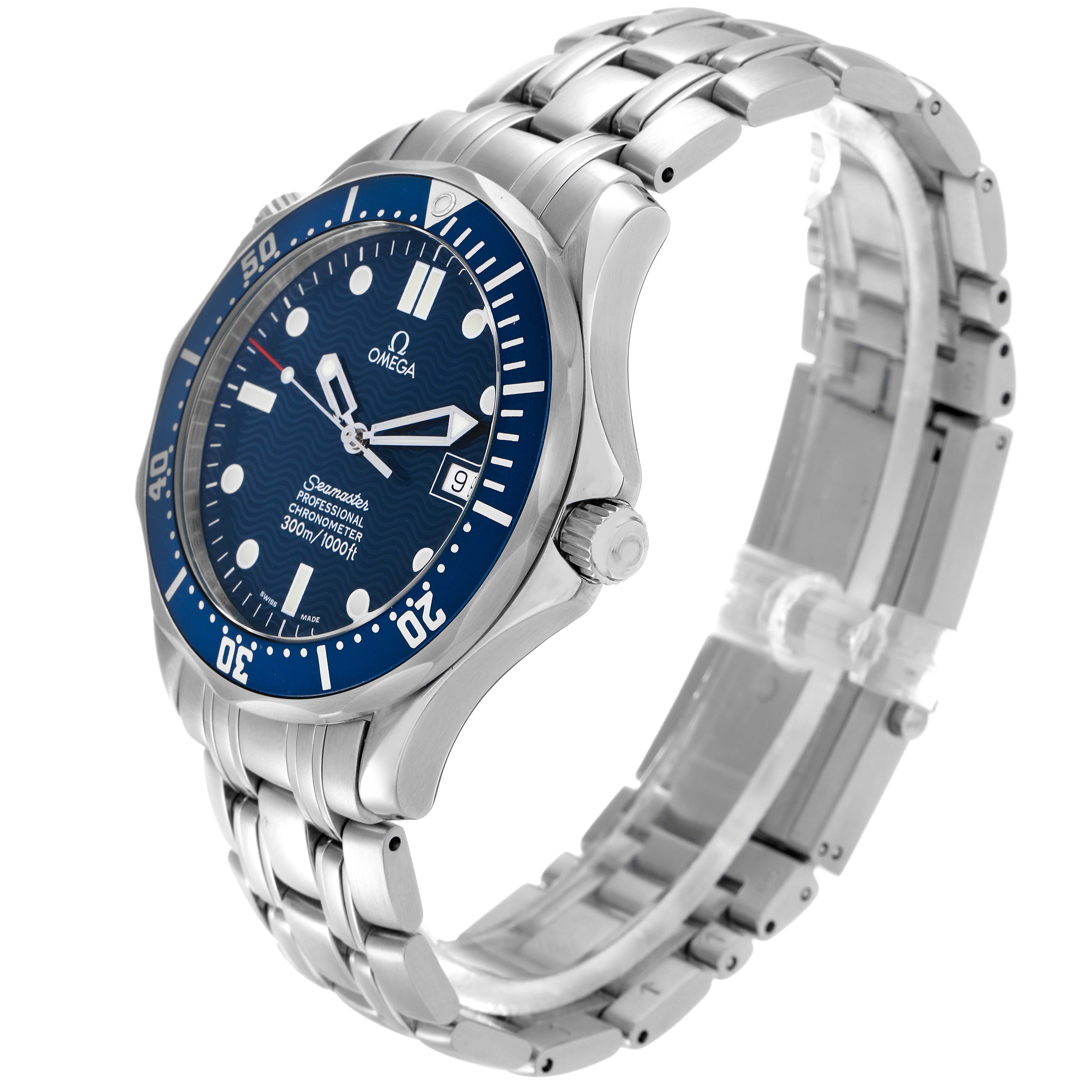 The Omega Seamaster 2531.80.00 Men
s Stainless Steel Blue Dial watch is shown at a three-quarter angle, displaying its blue dial, bezel, and metal bracelet.