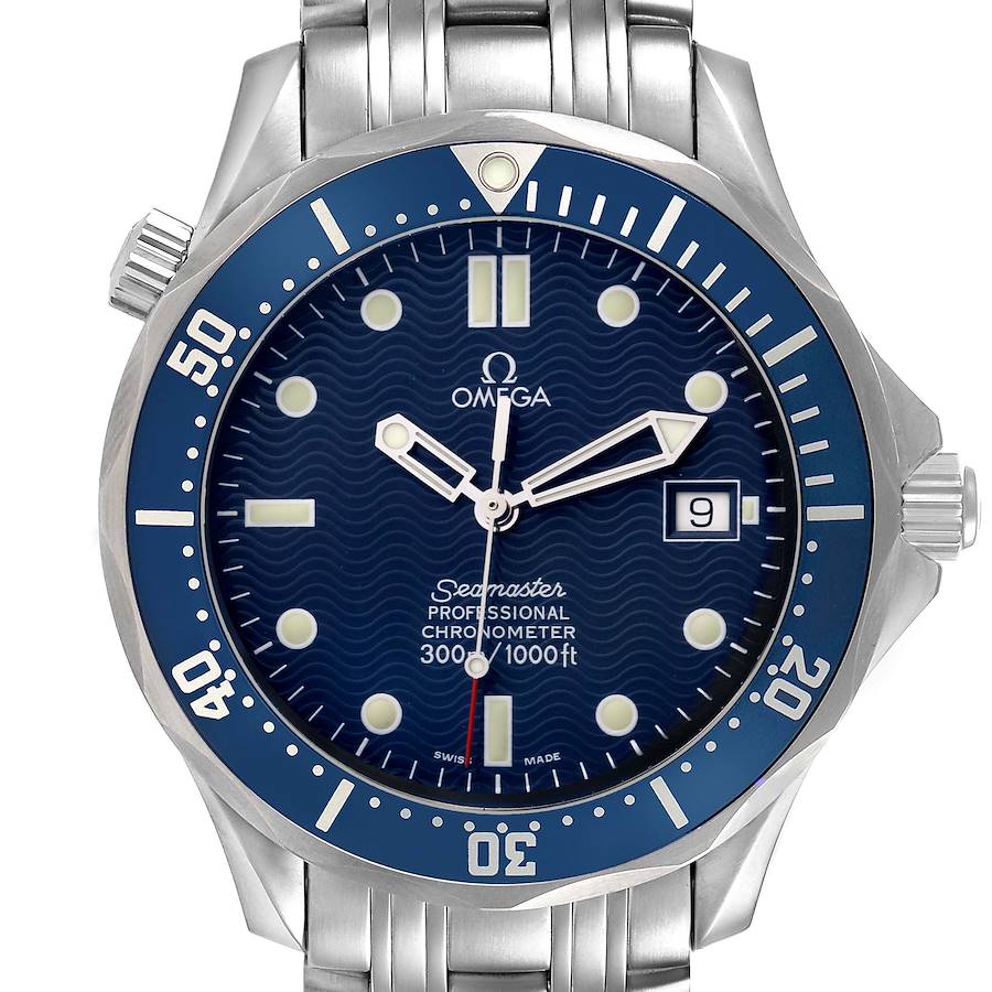 The Omega Seamaster 2531.80.00 is shown from a front angle, displaying its blue dial, bezel, and stainless steel bracelet.