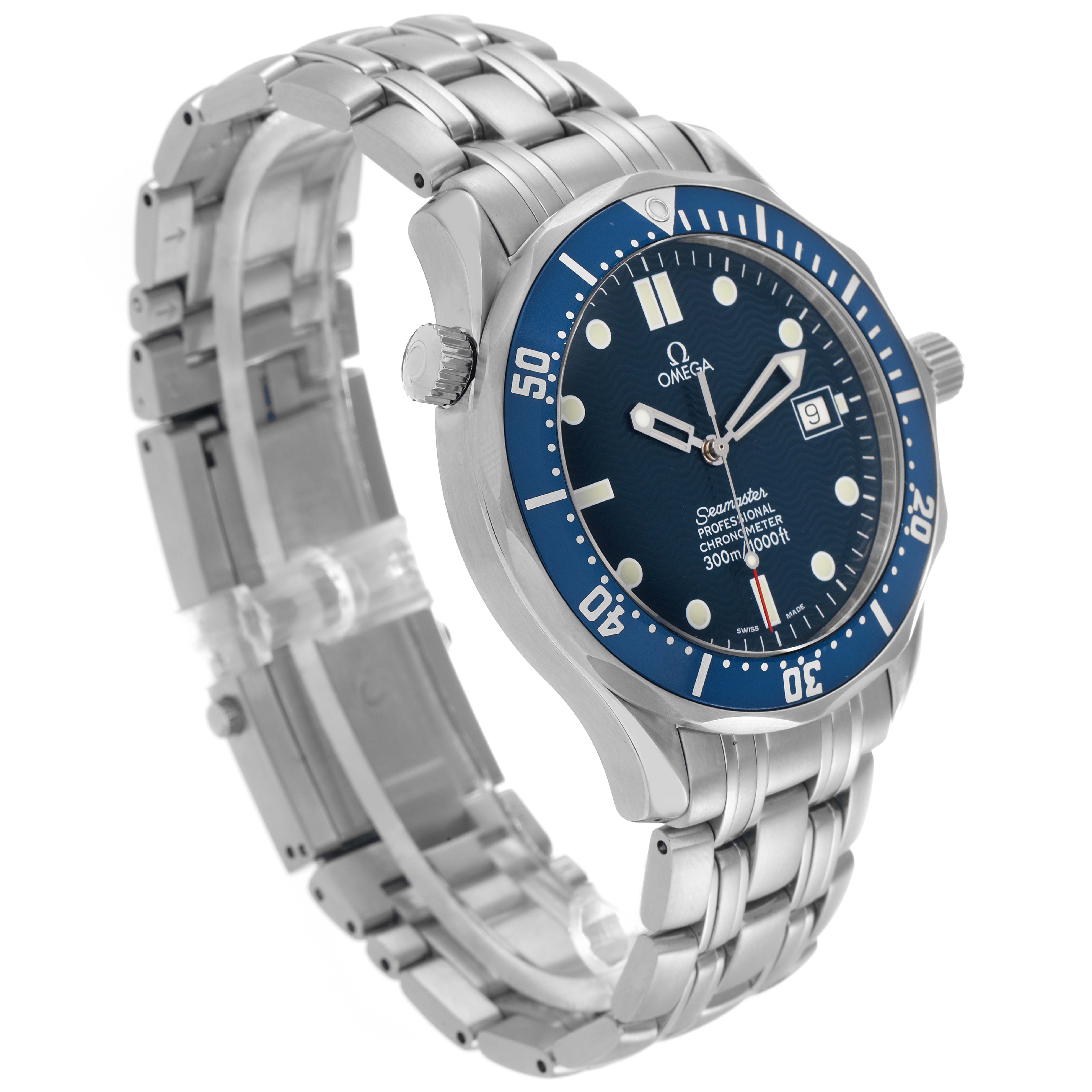 The Omega Seamaster 2531.80.00 Men
s Stainless Steel Blue Dial watch is shown in a three-quarter view highlighting the face, bezel, and stainless steel bracelet.