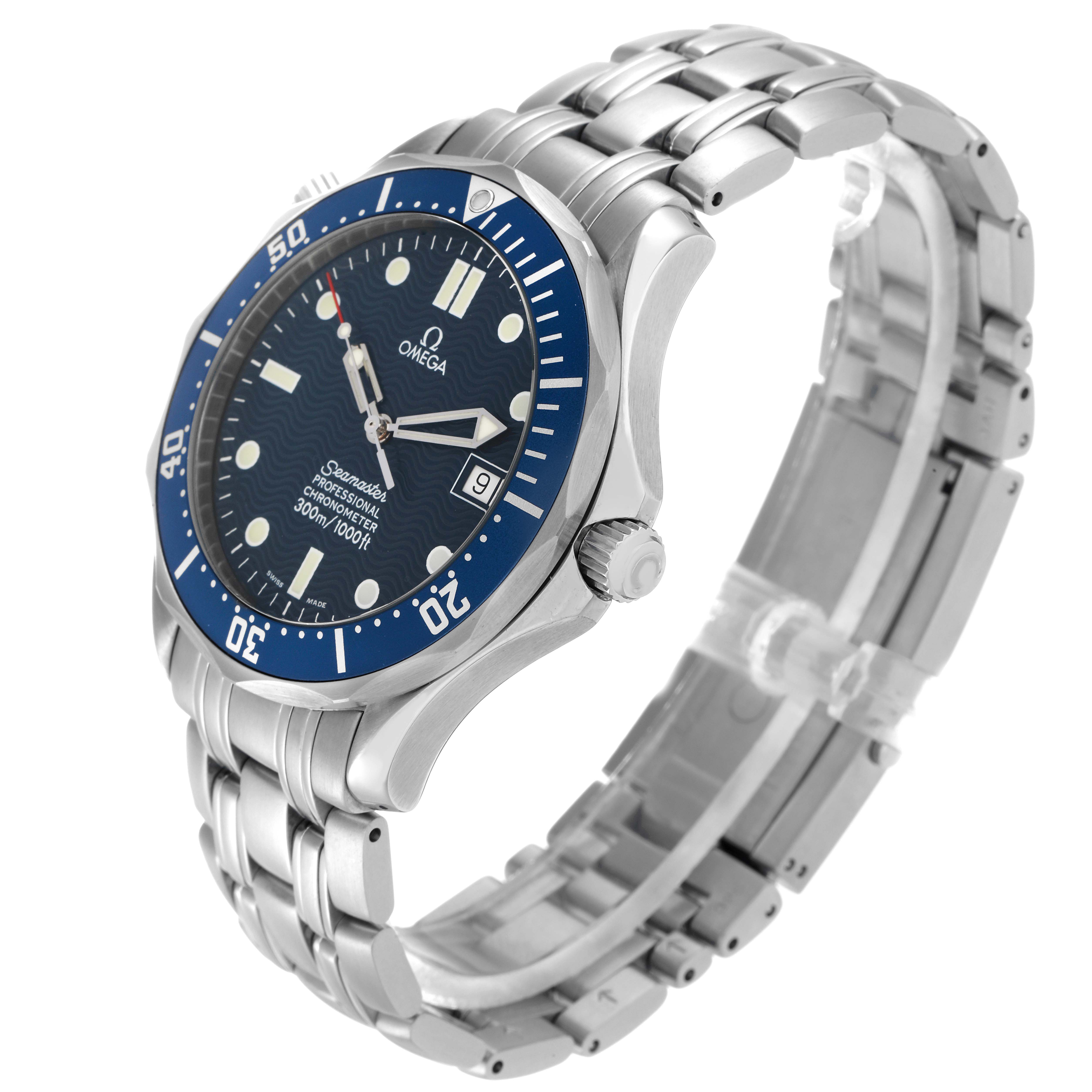 The Omega Seamaster 2531.80.00 Men
s Stainless Steel Blue Dial watch is shown at a 3/4 angle displaying the face, bezel, crown, and bracelet.