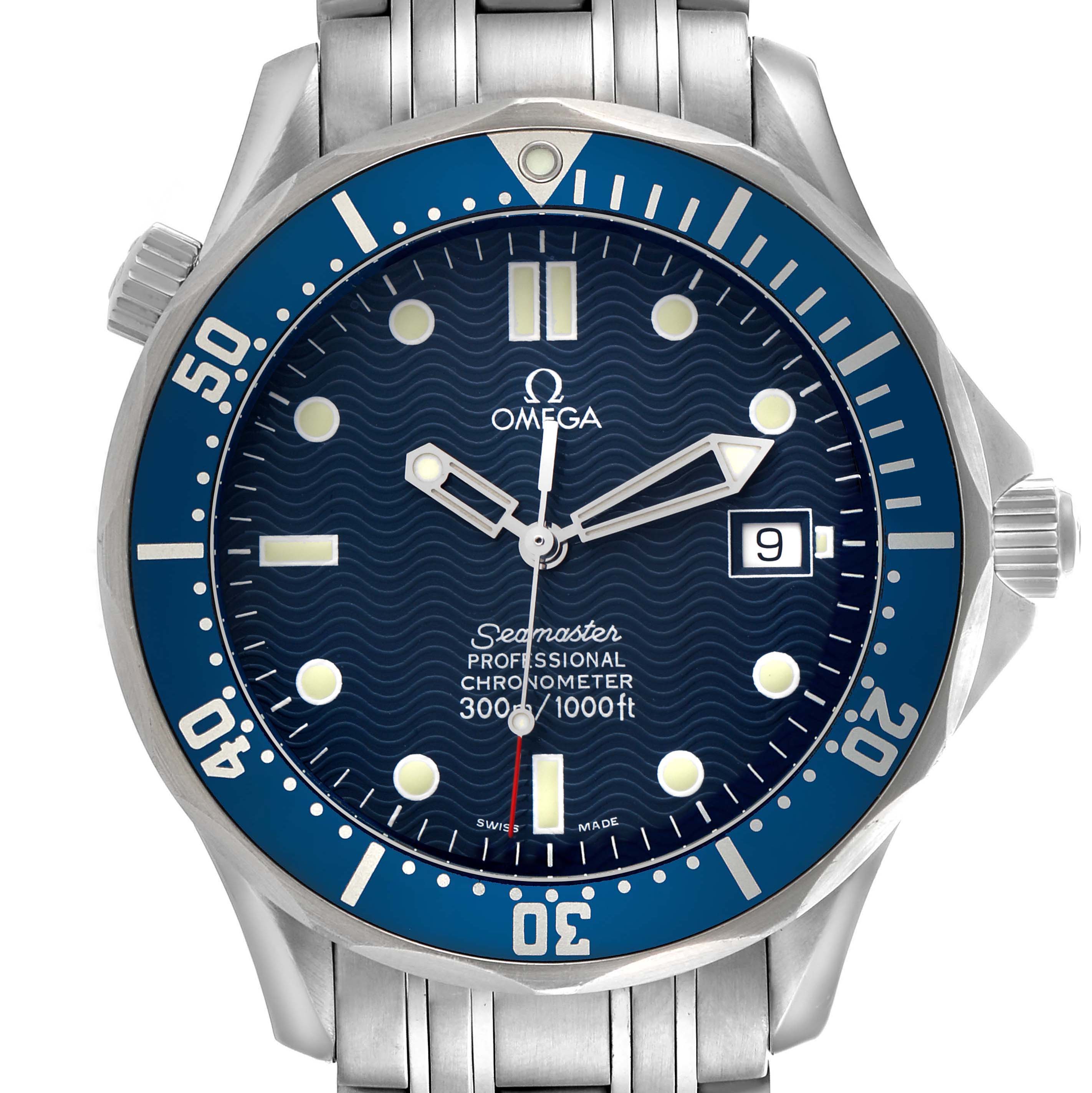 The image shows a front view of the Omega Seamaster 2531.80.00 Men
s Stainless Steel Blue Dial watch, highlighting its dial, bezel, case, bracelet, and crown.