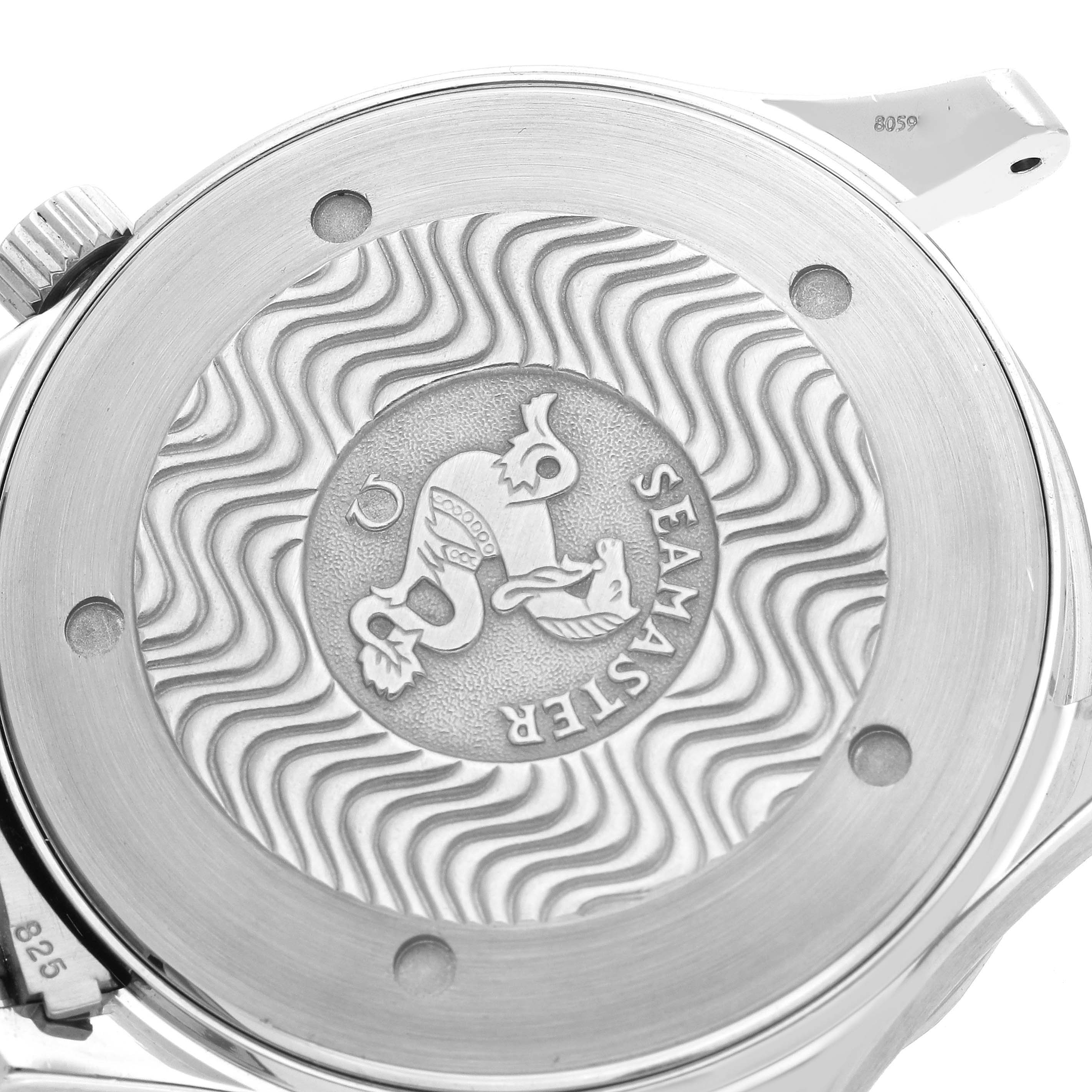 The image shows the case back of an Omega Seamaster 2531.80.00 Men
s Stainless Steel Blue Dial watch, featuring the wave pattern and logo.