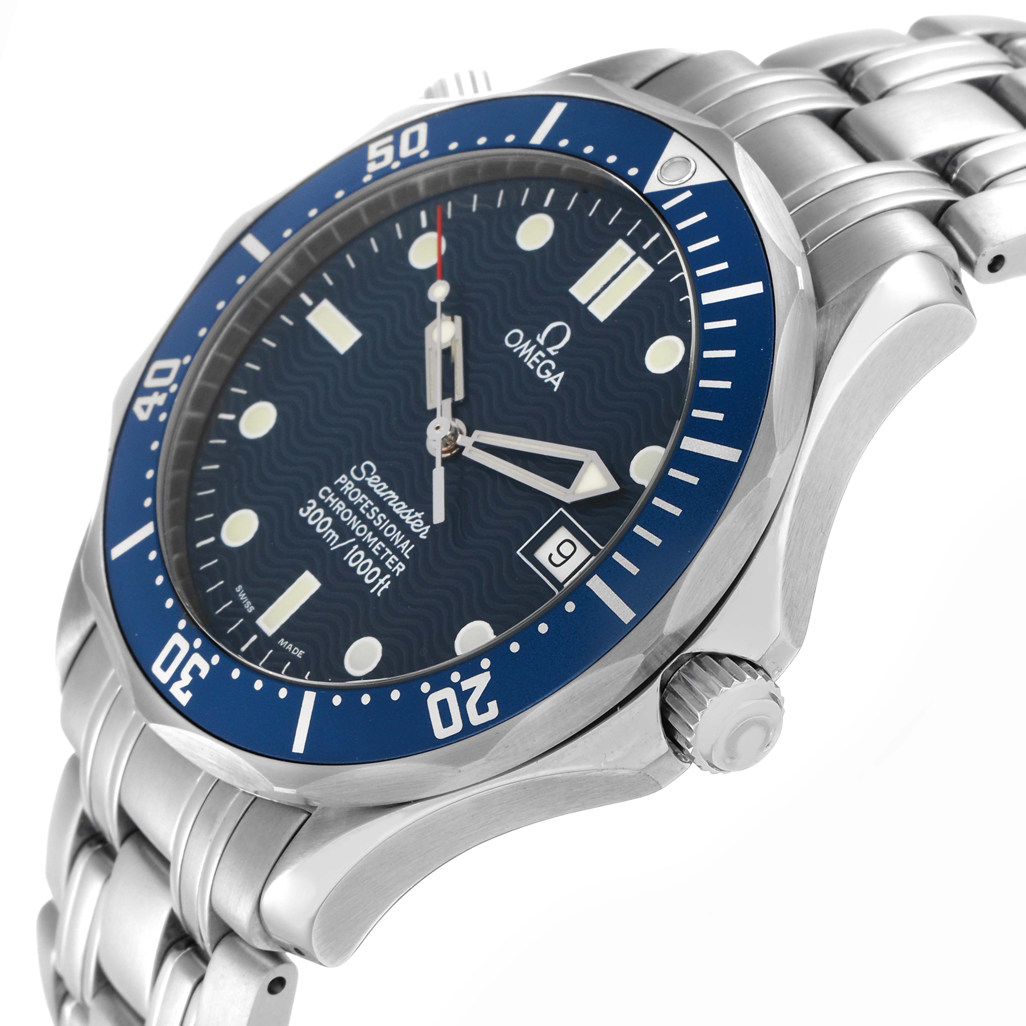 The Omega Seamaster 2531.80.00 Men
s Stainless Steel Blue Dial watch is shown at an angle highlighting the dial, bezel, crown, and stainless steel bracelet.