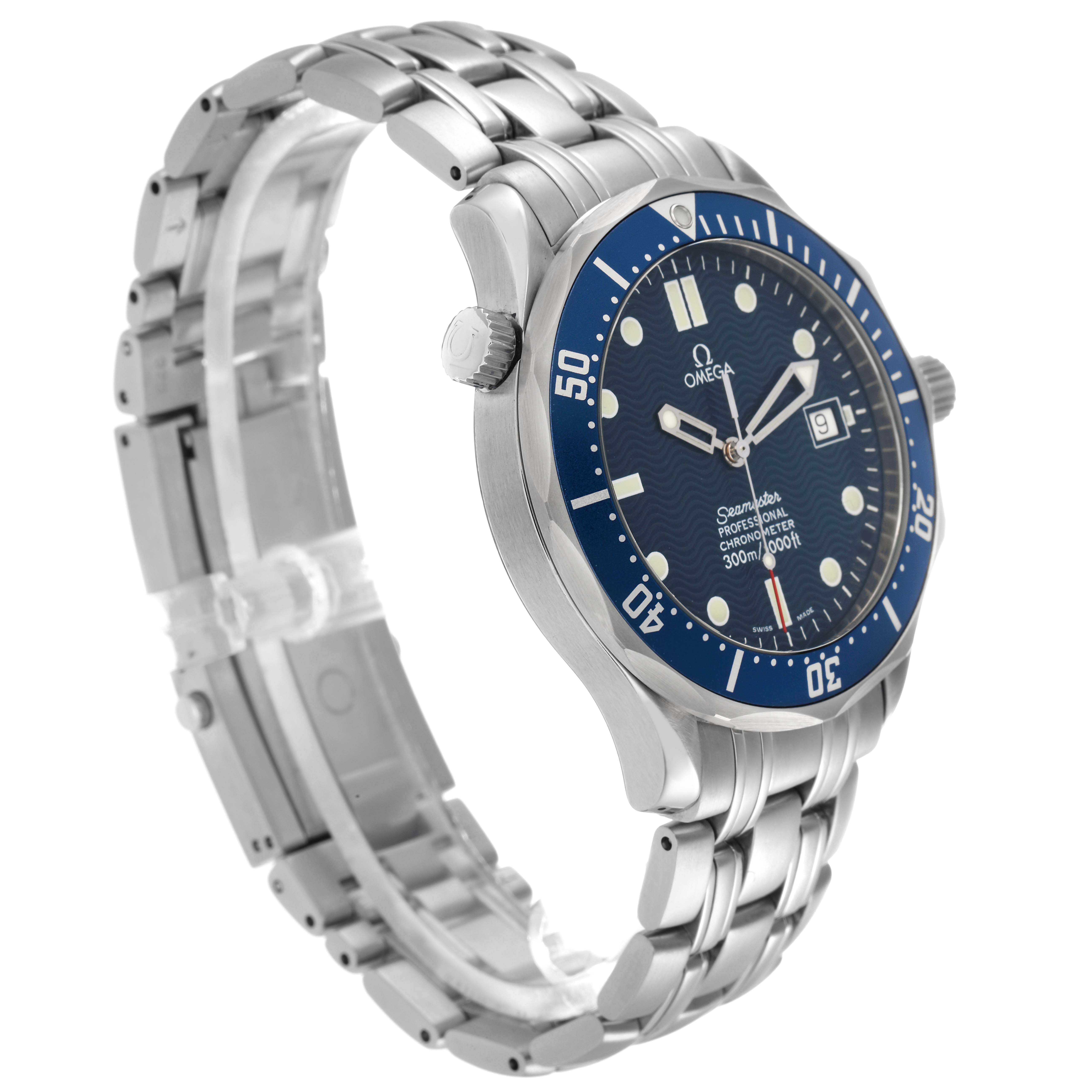 The Omega Seamaster 2531.80.00 Men
s Stainless Steel Blue Dial watch is shown at a slight side angle, featuring the face, bezel, case, crown, and stainless steel bracelet.