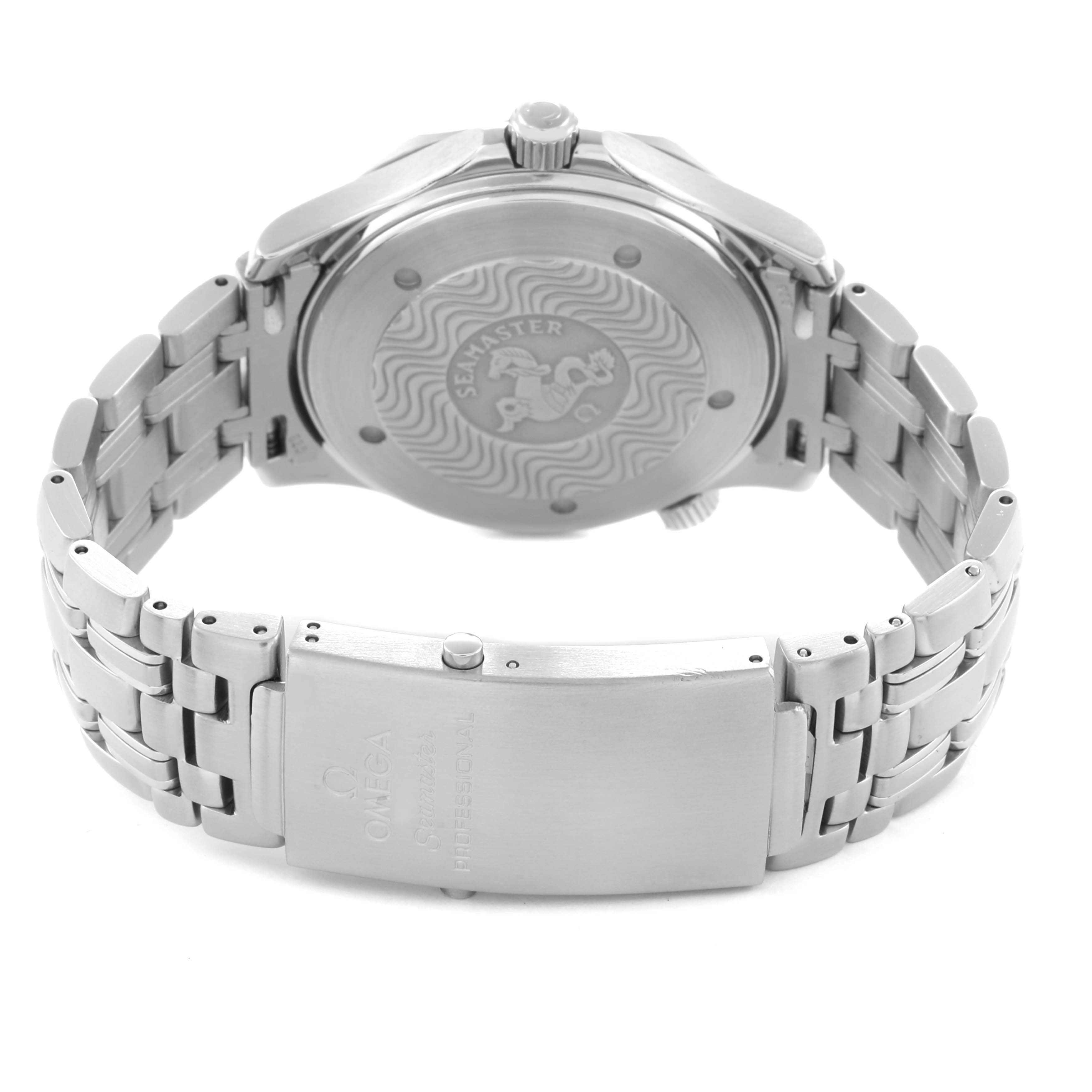 The Omega Seamaster 2531.80.00 Men
s Stainless Steel Blue Dial is shown from the back, highlighting the case back, crown, and bracelet with the clasp engraved.