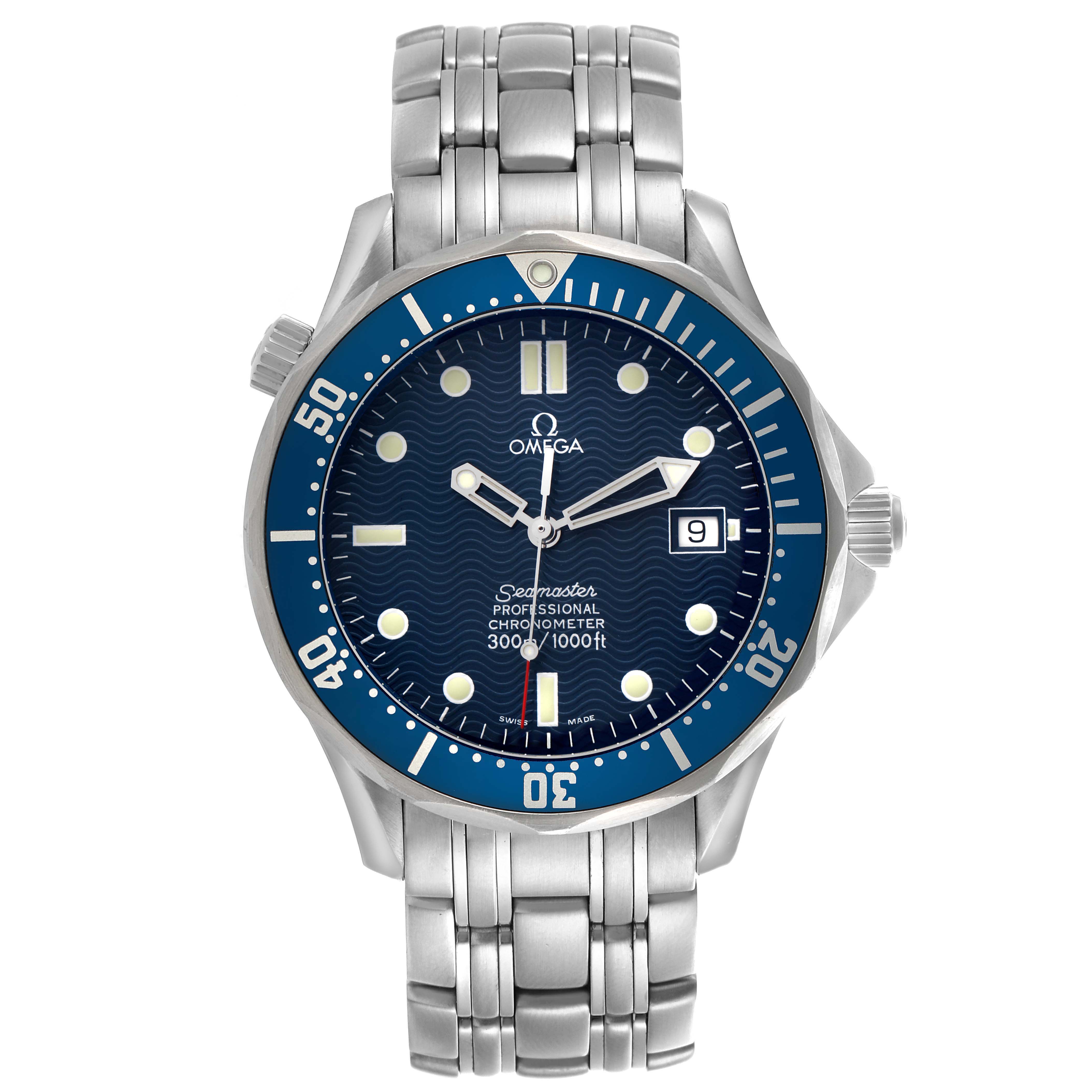 The Omega Seamaster 2531.80.00 Men
s Stainless Steel Blue Dial watch is shown from a front angle, highlighting the dial, bezel, crown, and stainless steel bracelet.