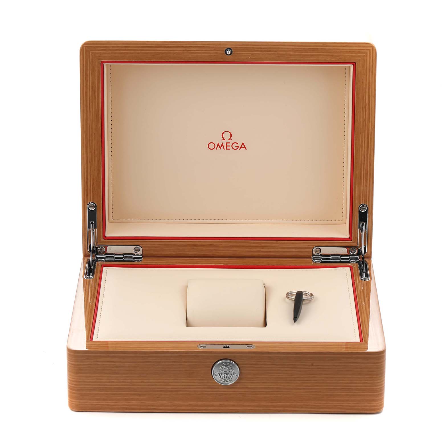 The image shows an open Omega Seamaster 212.30.44.50.01.001 Men
s Stainless Steel Black Dial watch box, revealing the interior and storage cushion at a front angle.