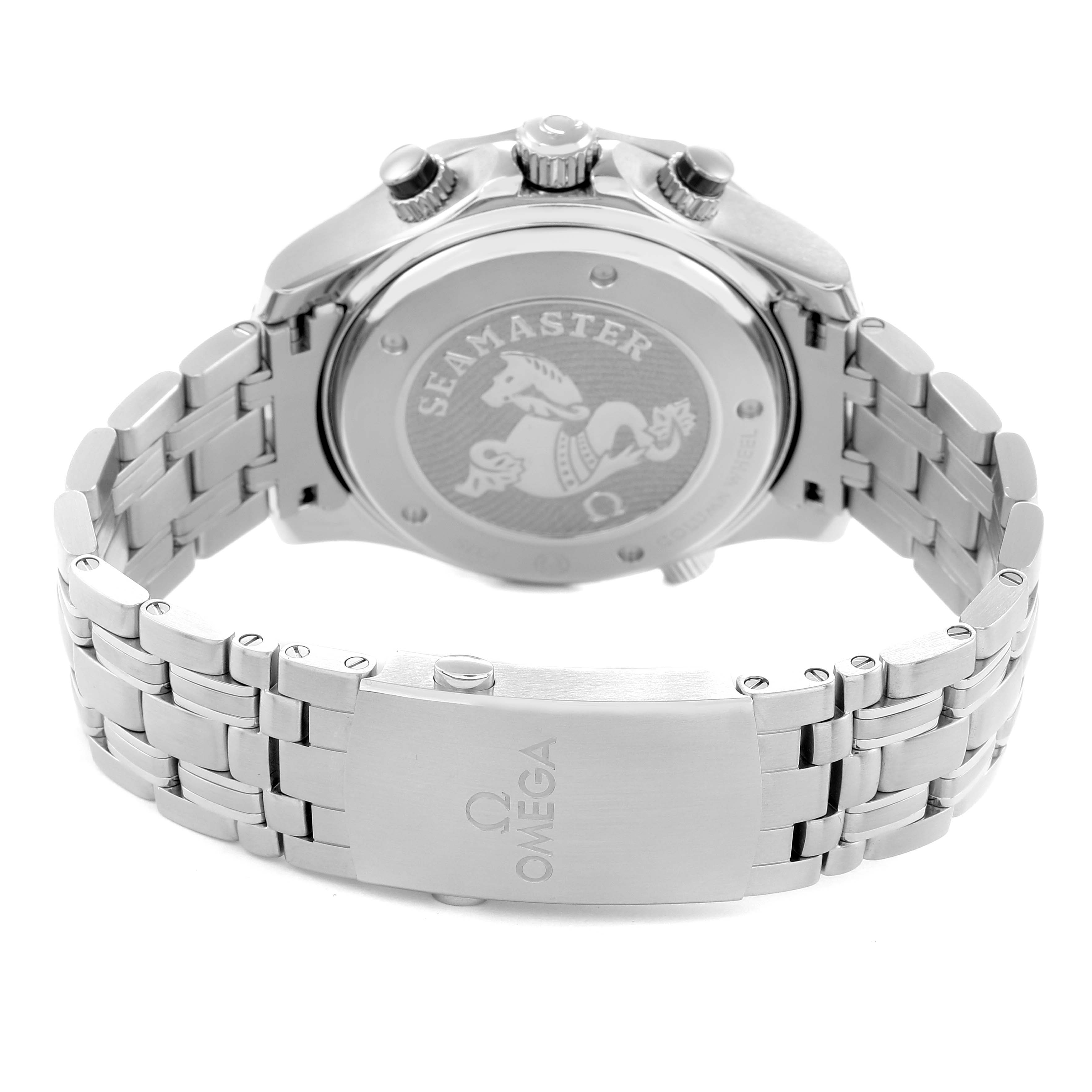 The image shows the back case and bracelet of an Omega Seamaster 212.30.44.50.01.001 Men
s Stainless Steel Black Dial, highlighting the engraved logo and clasp.