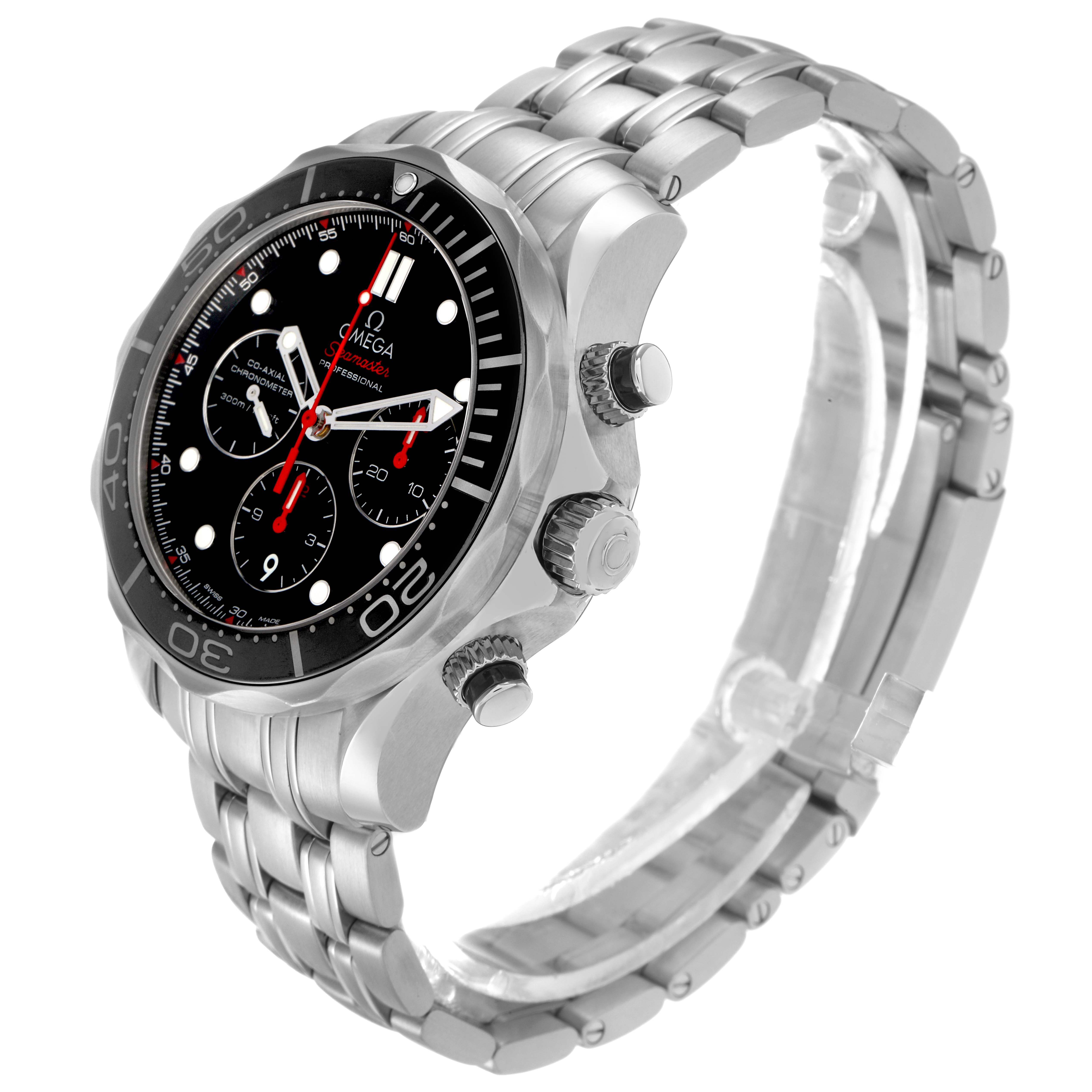 The image shows an Omega Seamaster 212.30.44.50.01.001 Men
s Stainless Steel Black Dial watch at a three-quarter angle, highlighting the dial, bezel, crown, pushers, and bracelet.