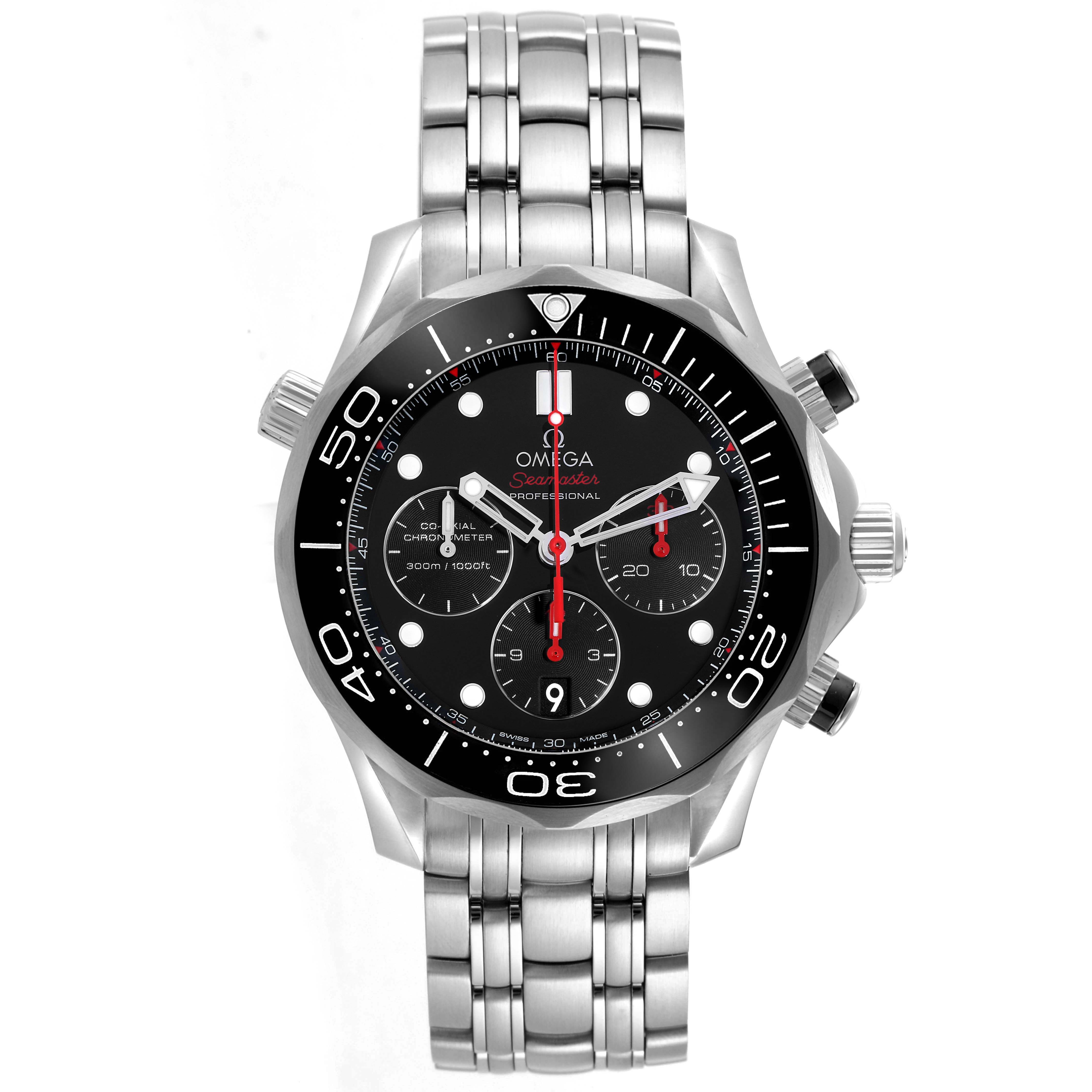 The Omega Seamaster 212.30.44.50.01.001 Men
s Stainless Steel Black Dial watch is shown from the front, displaying its dial, bezel, chronograph, and stainless steel bracelet.