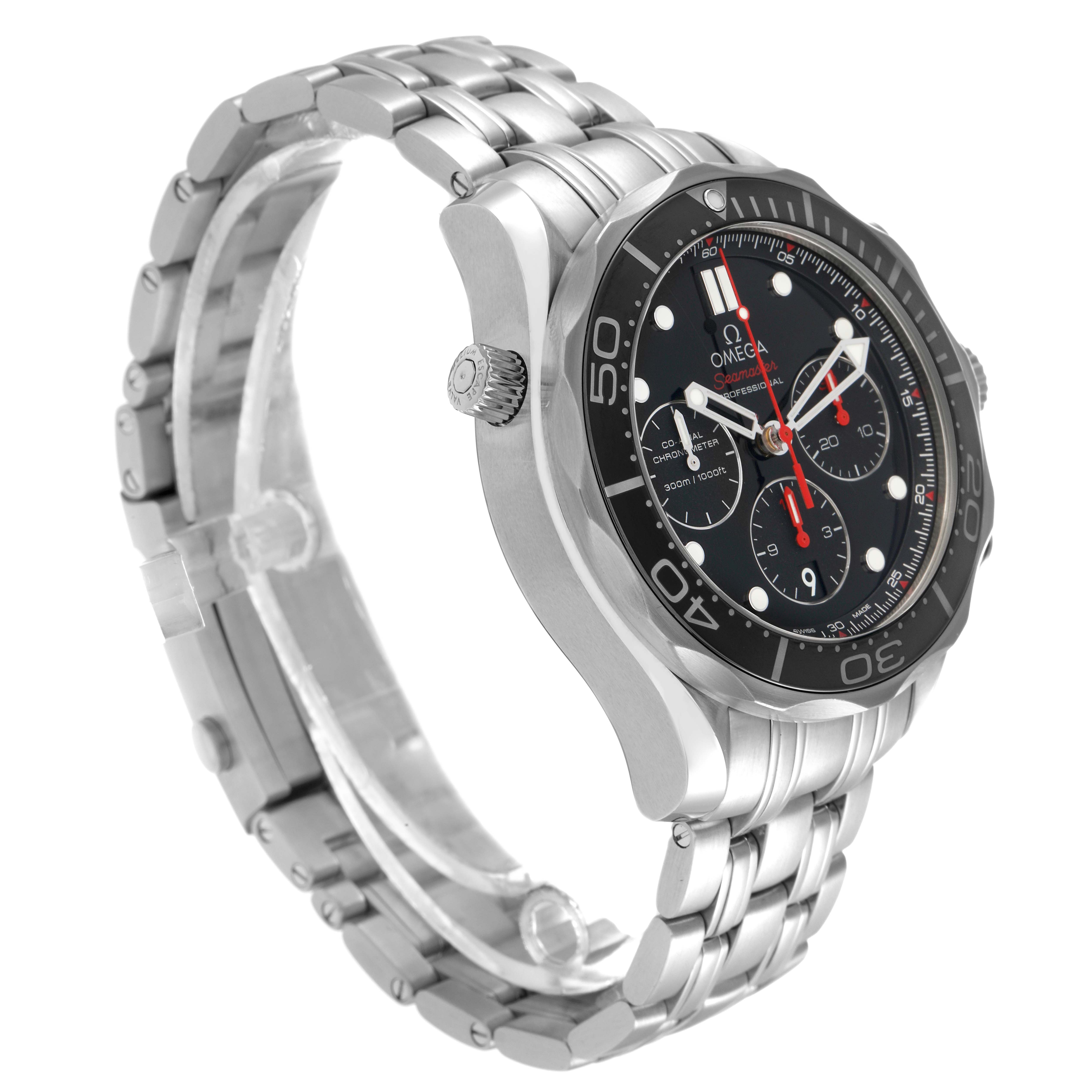 The Omega Seamaster 212.30.44.50.01.001 Men
s Stainless Steel Black Dial watch is shown from a side angle, displaying its dial, bezel, crown, and metal bracelet.