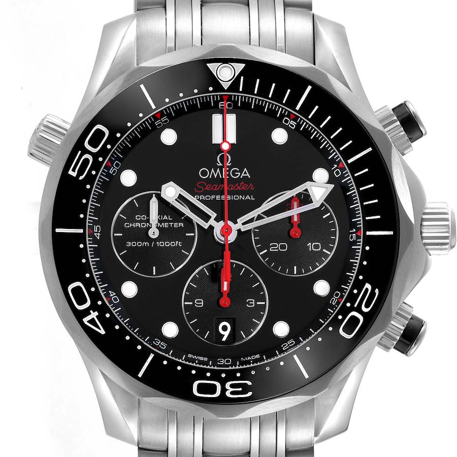 The Omega Seamaster model 212.30.44.50.01.001 is shown from a front angle, displaying its face, bezel, crown, and chronograph subdials.