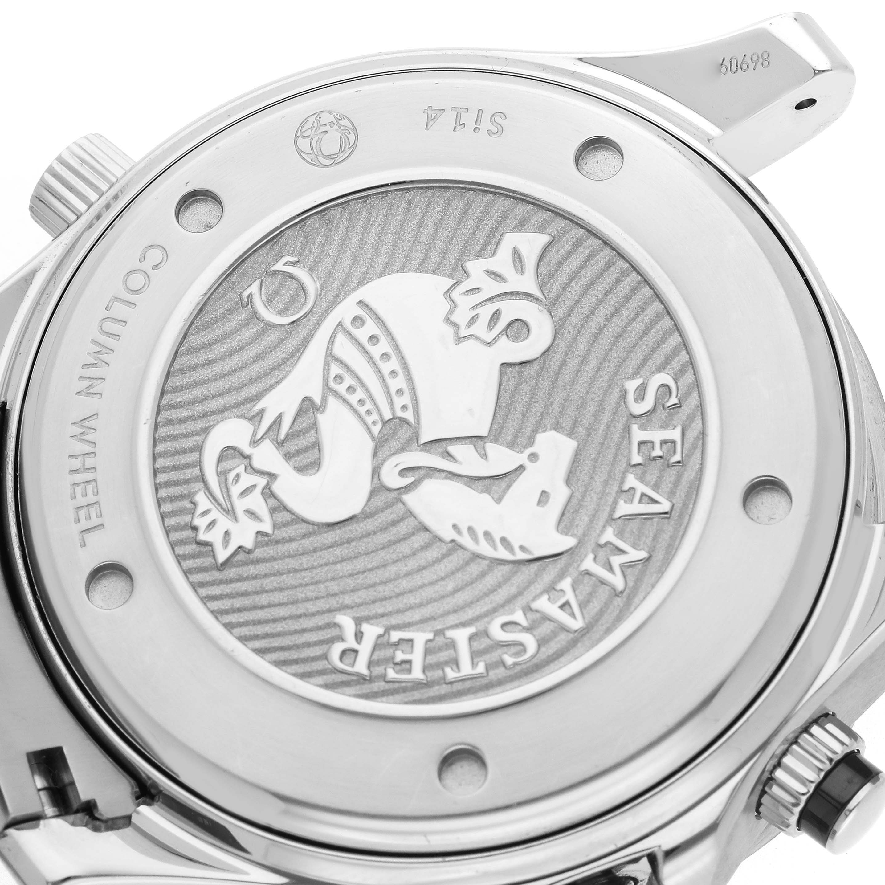 The image shows the case back of an Omega Seamaster 212.30.44.50.01.001 Men
s Stainless Steel Black Dial watch, highlighting the engraved emblem and text.