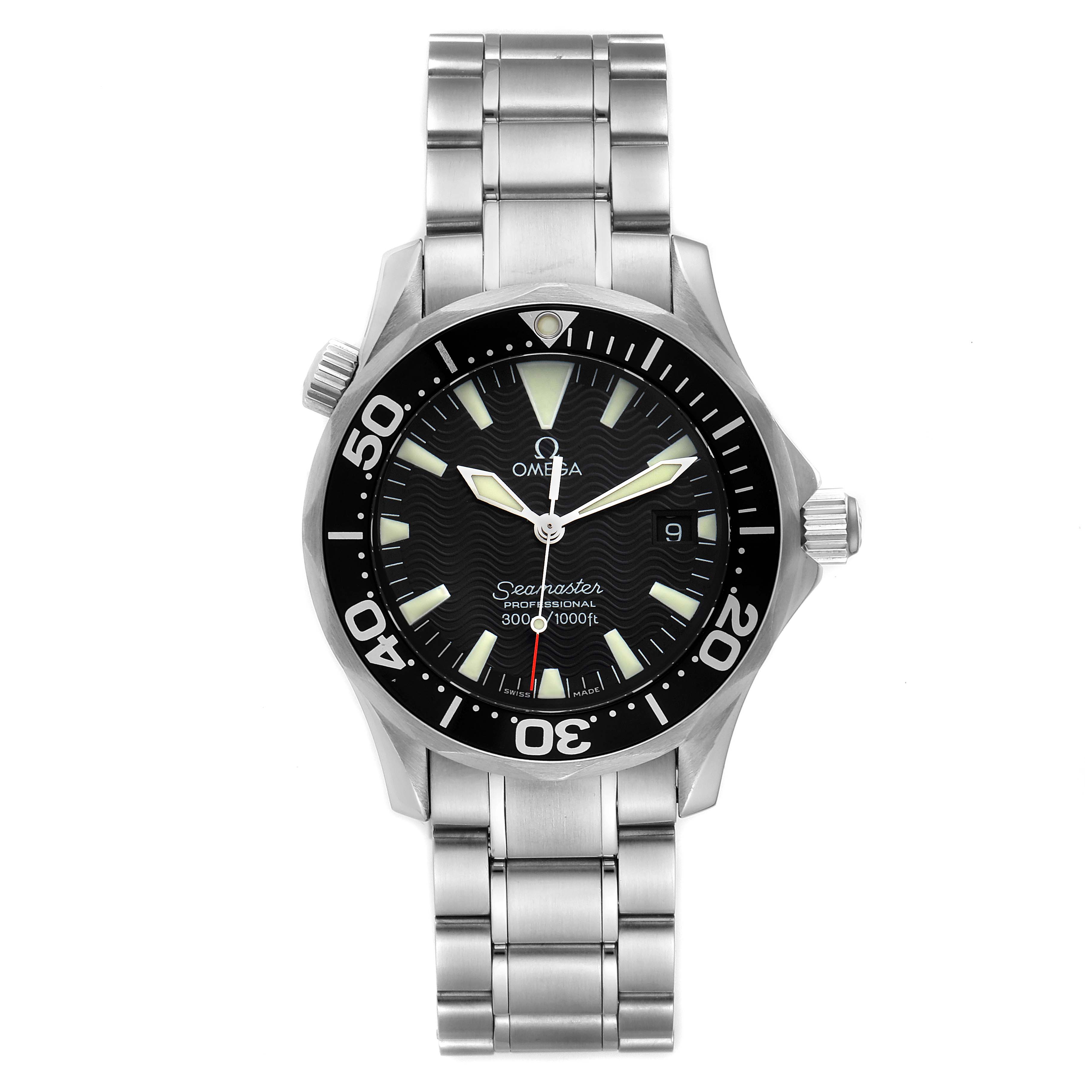 The image shows a front view of an Omega Seamaster 2262.50.00 Men's Stainless Steel Black Dial 2262.50.00 Men's Stainless Steel Black Dial watch, highlighting its face, bezel, dial, and metal bracelet.