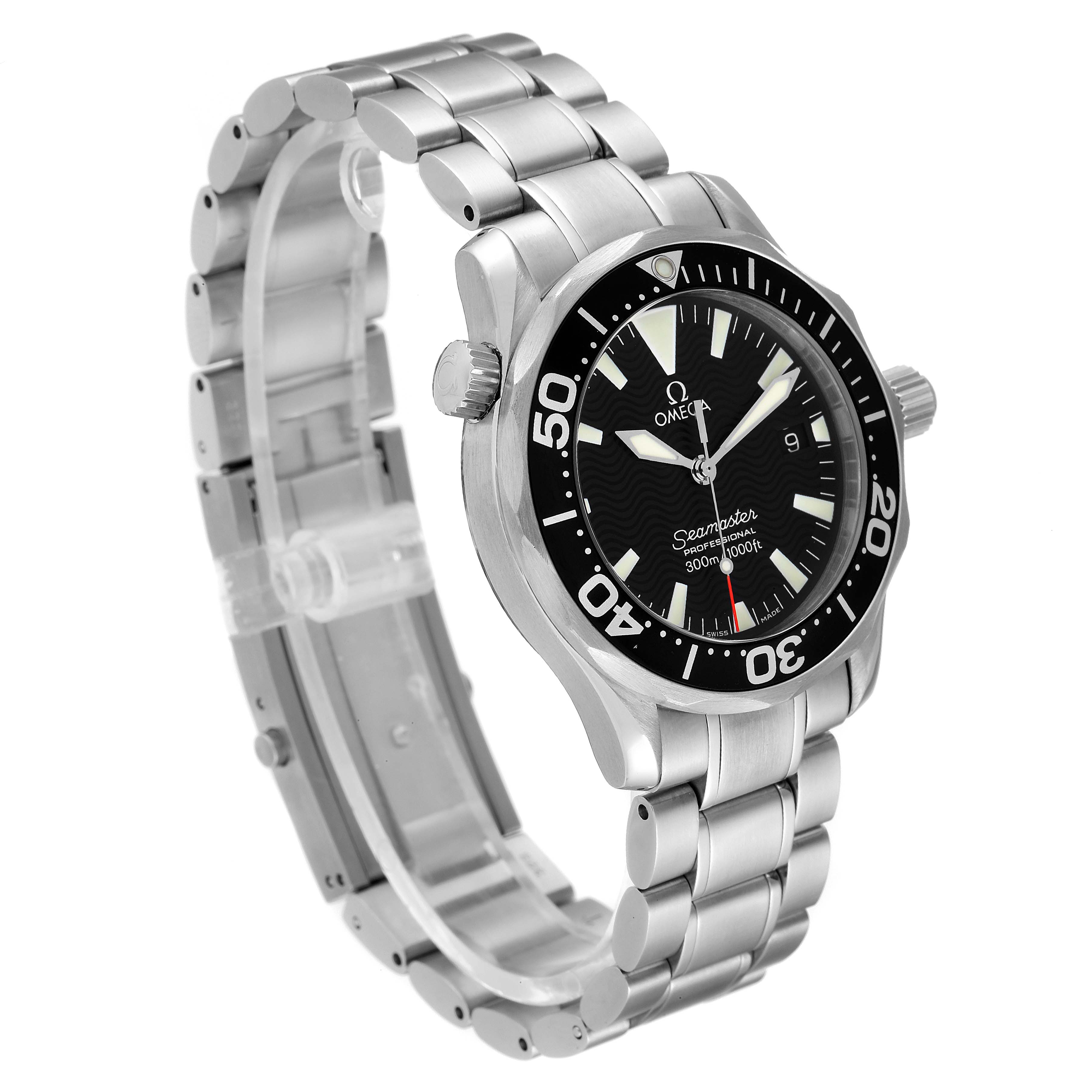 The image shows an Omega Seamaster 2262.50.00 Men's Stainless Steel Black Dial 2262.50.00 Men's Stainless Steel Black Dial watch at a three-quarter angle, highlighting its dial, bezel, crown, and metal bracelet.