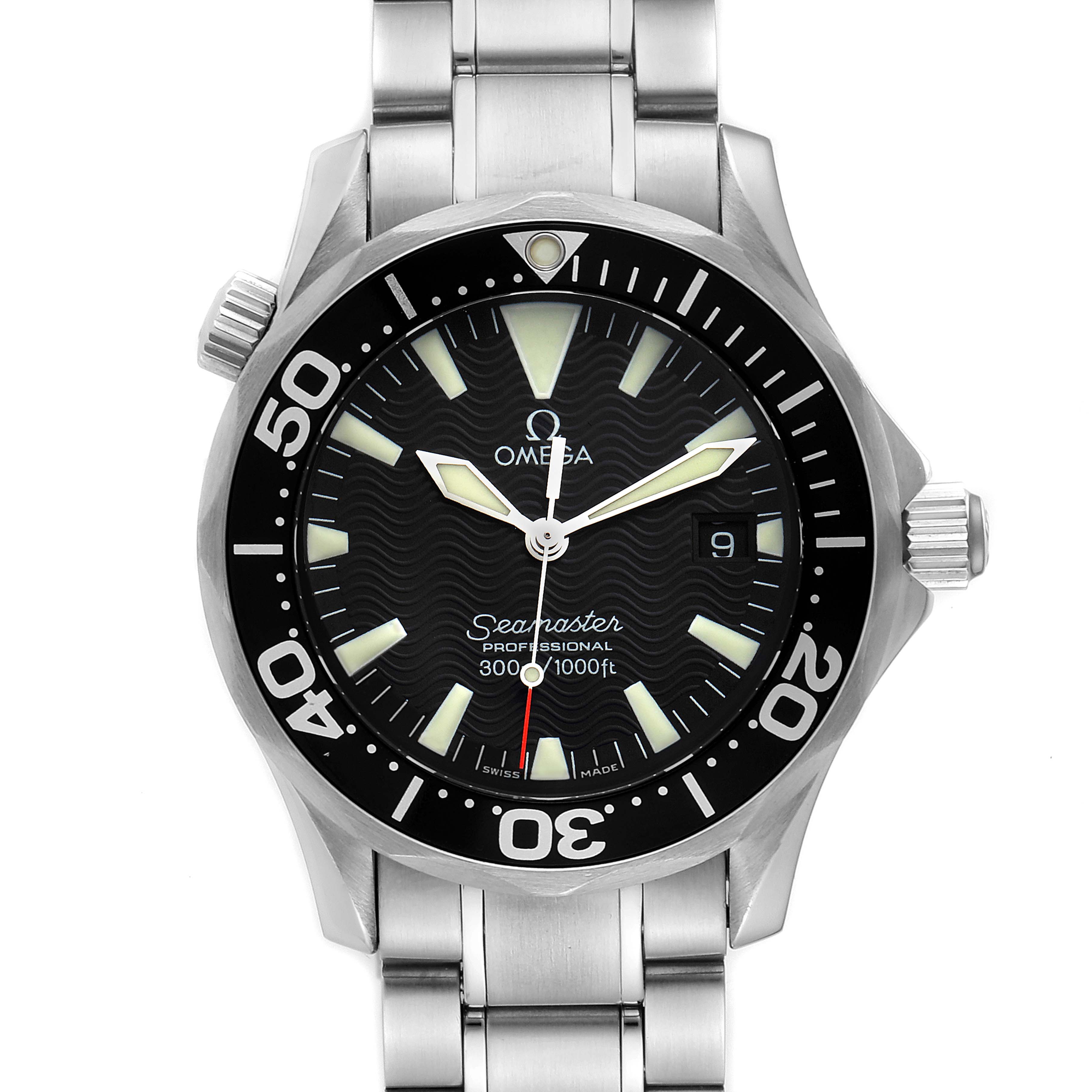 The image shows a front view of an Omega Seamaster 2262.50.00 Men's Stainless Steel Black Dial 2262.50.00 Men's Stainless Steel Black Dial watch, highlighting the dial, bezel, and part of the stainless steel bracelet.