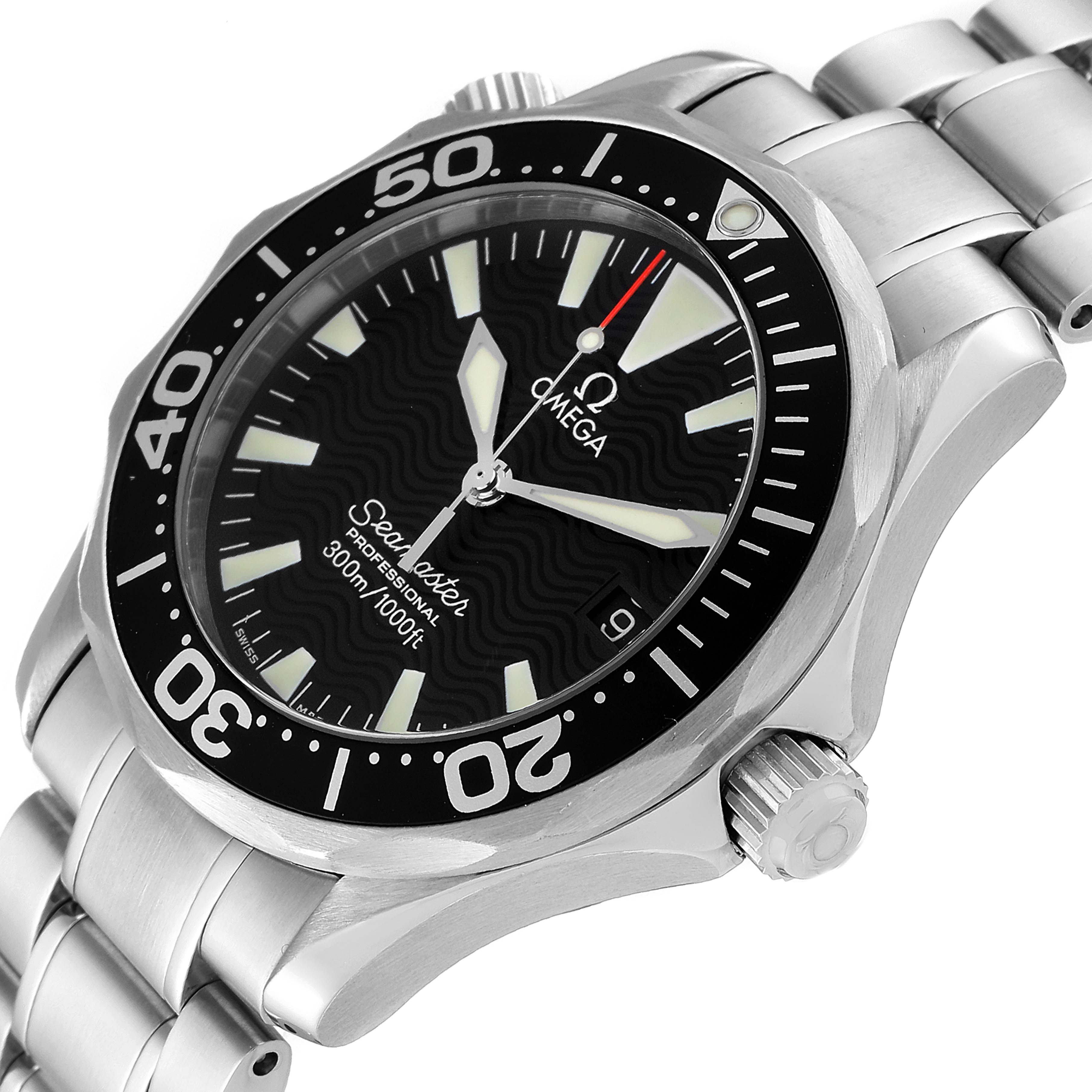 This image shows a close-up of an Omega Seamaster 2262.50.00 Men's Stainless Steel Black Dial 2262.50.00 Men's Stainless Steel Black Dial watch, featuring its face, bezel, crown, and metal bracelet.