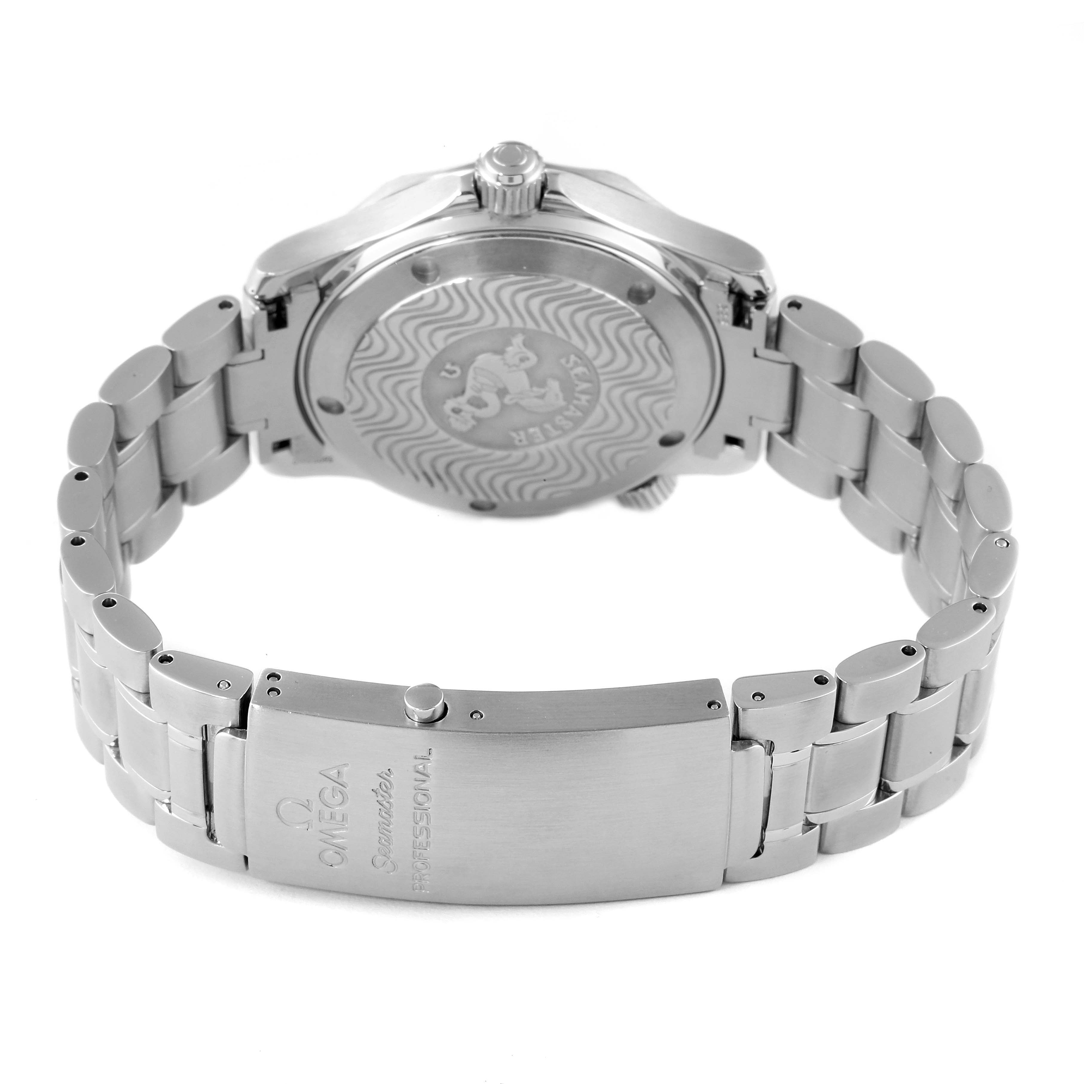 The image shows the backside and bracelet clasp of an Omega Seamaster 2262.50.00 Men's Stainless Steel Black Dial 2262.50.00 Men's Stainless Steel Black Dial watch.