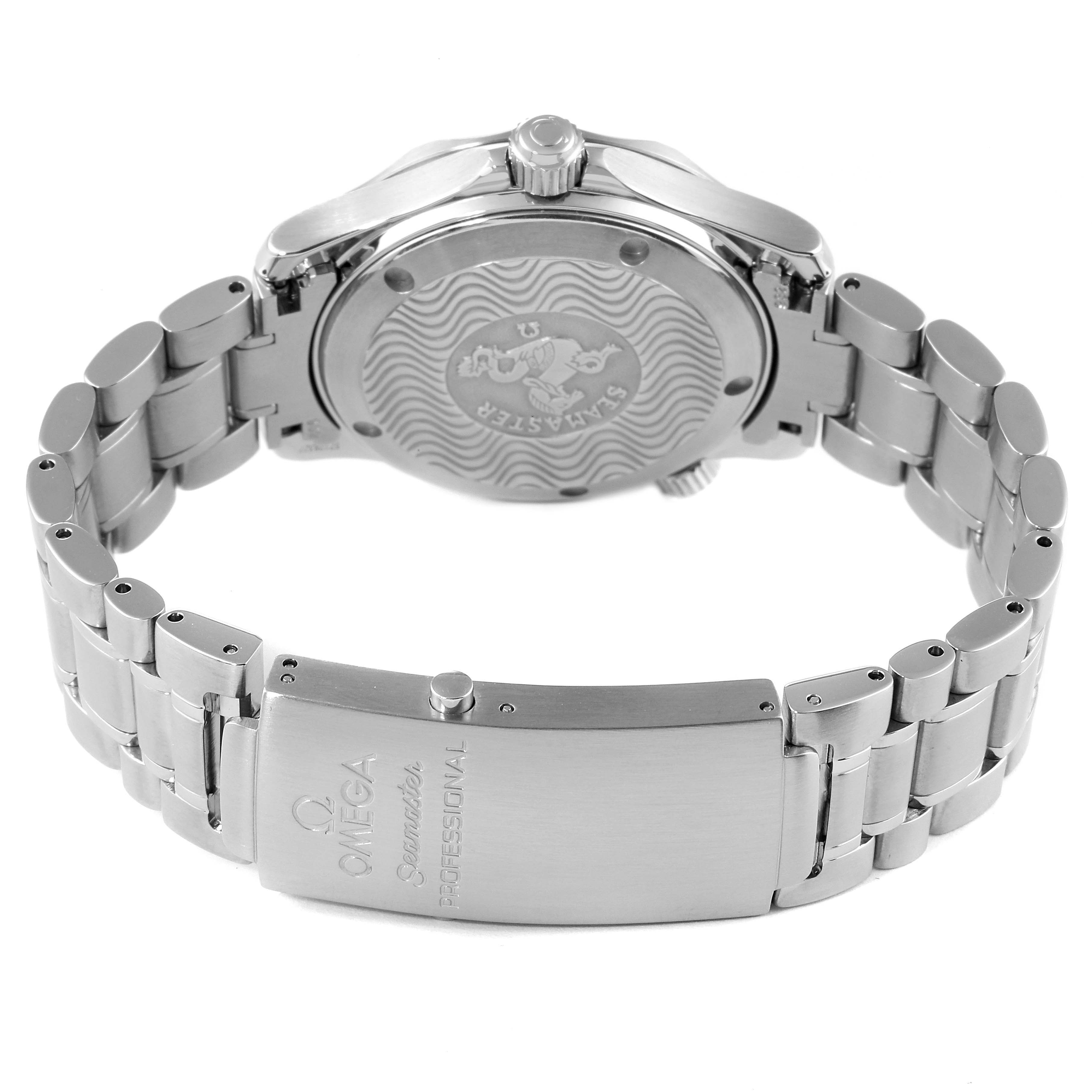 The image shows the back and clasp of the Omega Seamaster 2262.50.00 Men's Stainless Steel Black Dial 2262.50.00 Men's Stainless Steel Black Dial watch, highlighting its stainless steel bracelet and engraved case back.