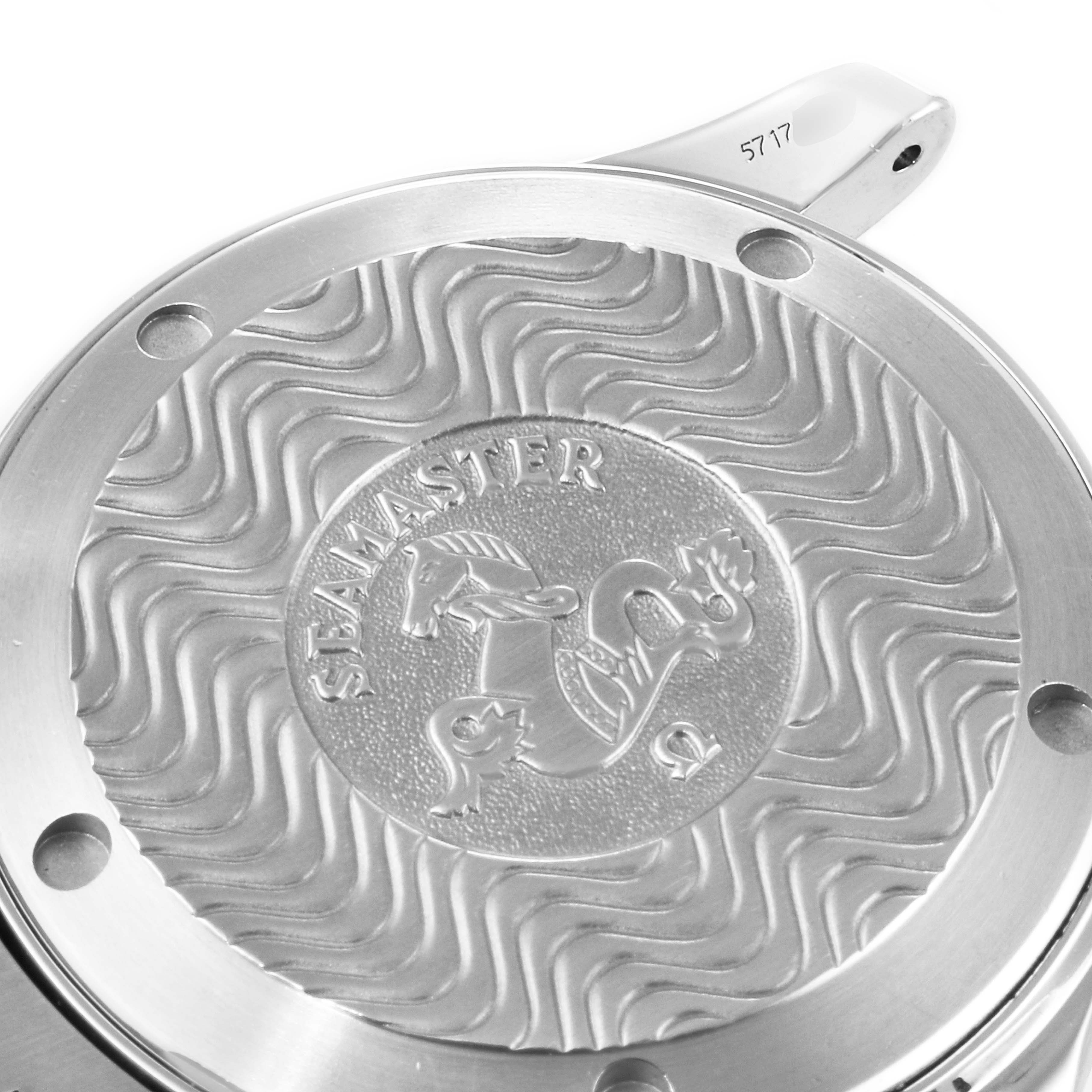 This image shows the case back of an Omega Seamaster 2262.50.00 Men's Stainless Steel Black Dial 2262.50.00 Men's Stainless Steel Black Dial watch, featuring its signature engraving and wave pattern.