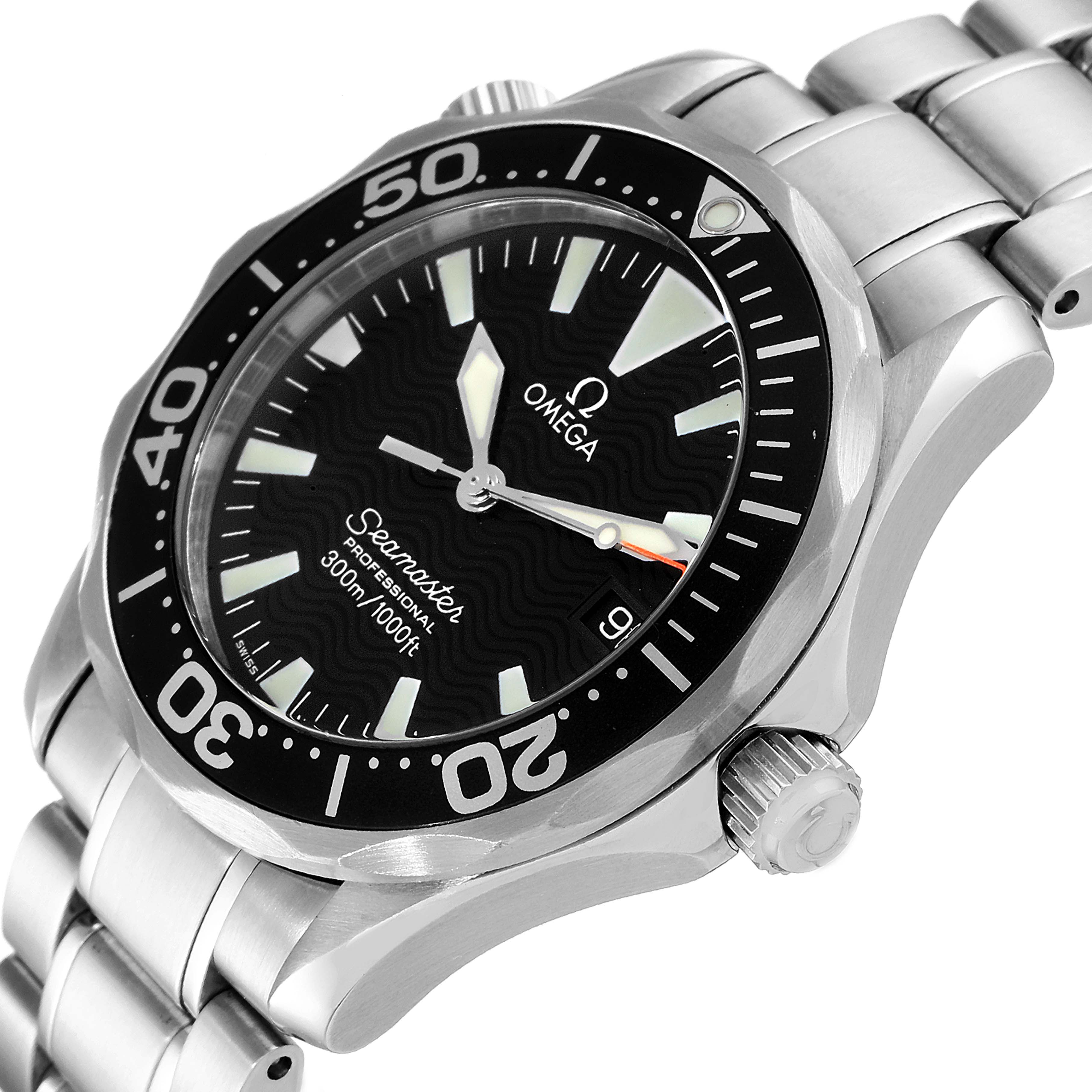 The image shows an angled view of the Omega Seamaster 2262.50.00 Men's Stainless Steel Black Dial 2262.50.00 Men's Stainless Steel Black Dial watch, highlighting the dial, bezel, crown, and part of the bracelet.