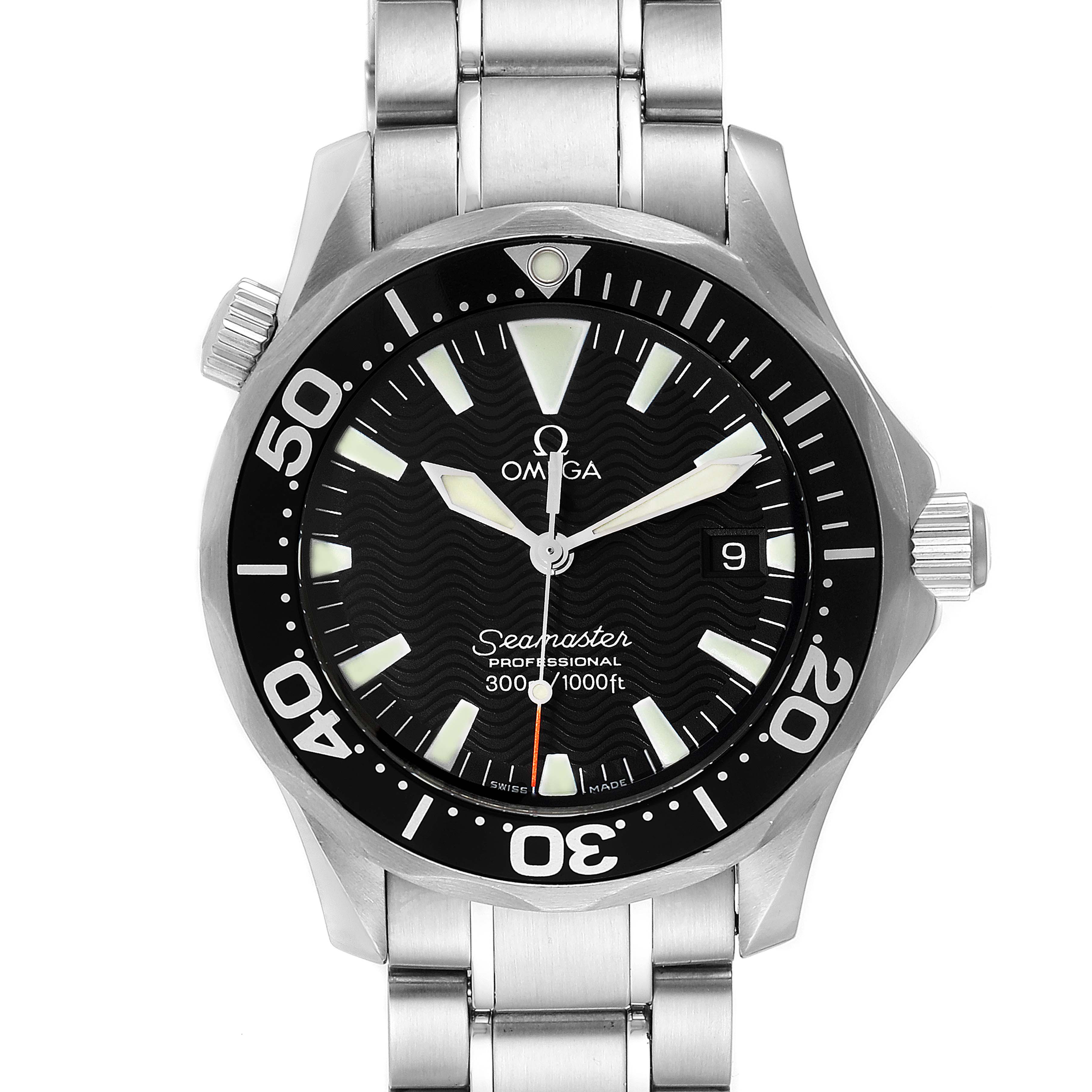 The image shows a front view of an Omega Seamaster 2262.50.00 Men's Stainless Steel Black Dial 2262.50.00 Men's Stainless Steel Black Dial watch, displaying its dial, bezel, and stainless steel bracelet.