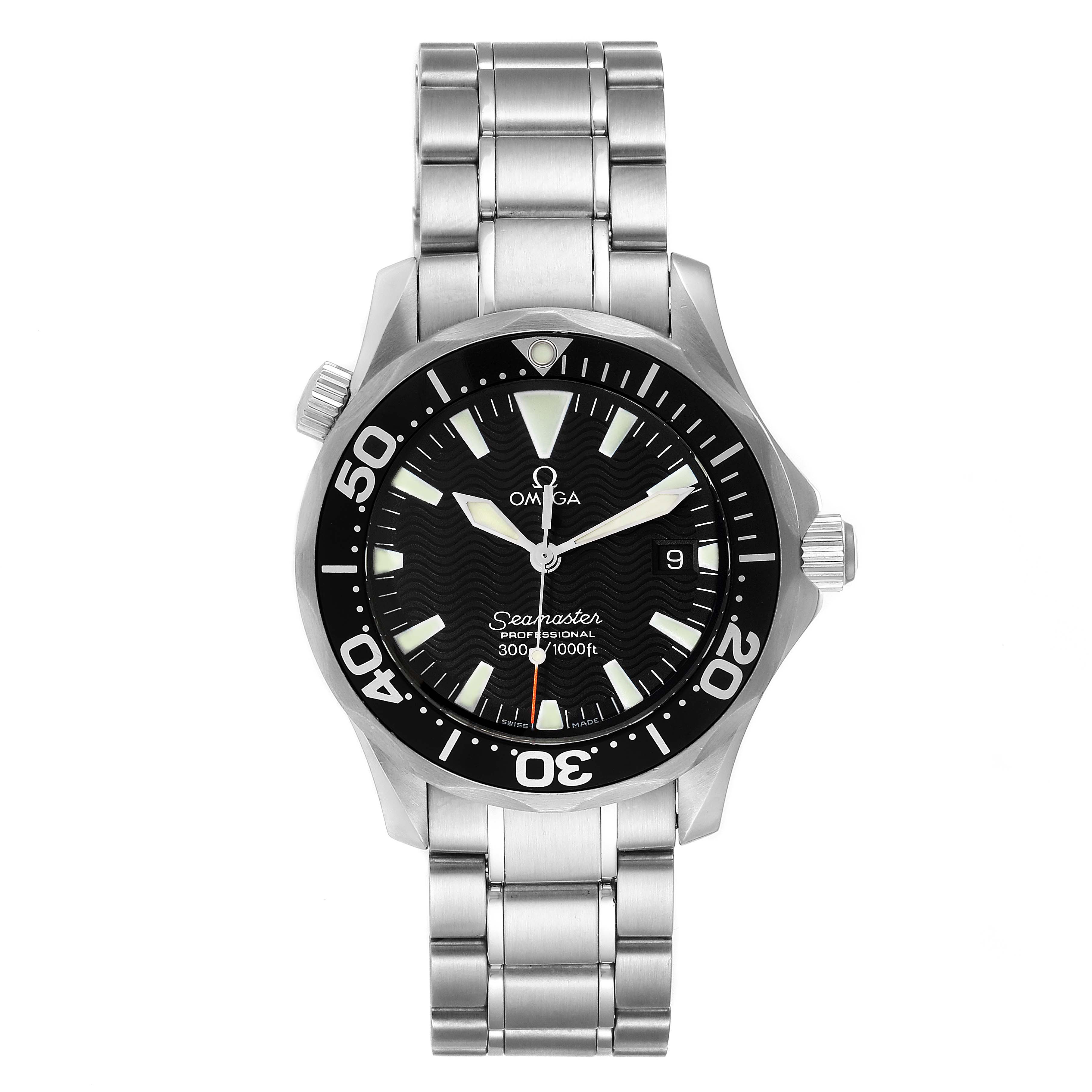 The Omega Seamaster 2262.50.00 Men's Stainless Steel Black Dial 2262.50.00 Men's Stainless Steel Black Dial watch is shown from a top-down angle, displaying the face, bezel, crown, and metal bracelet.