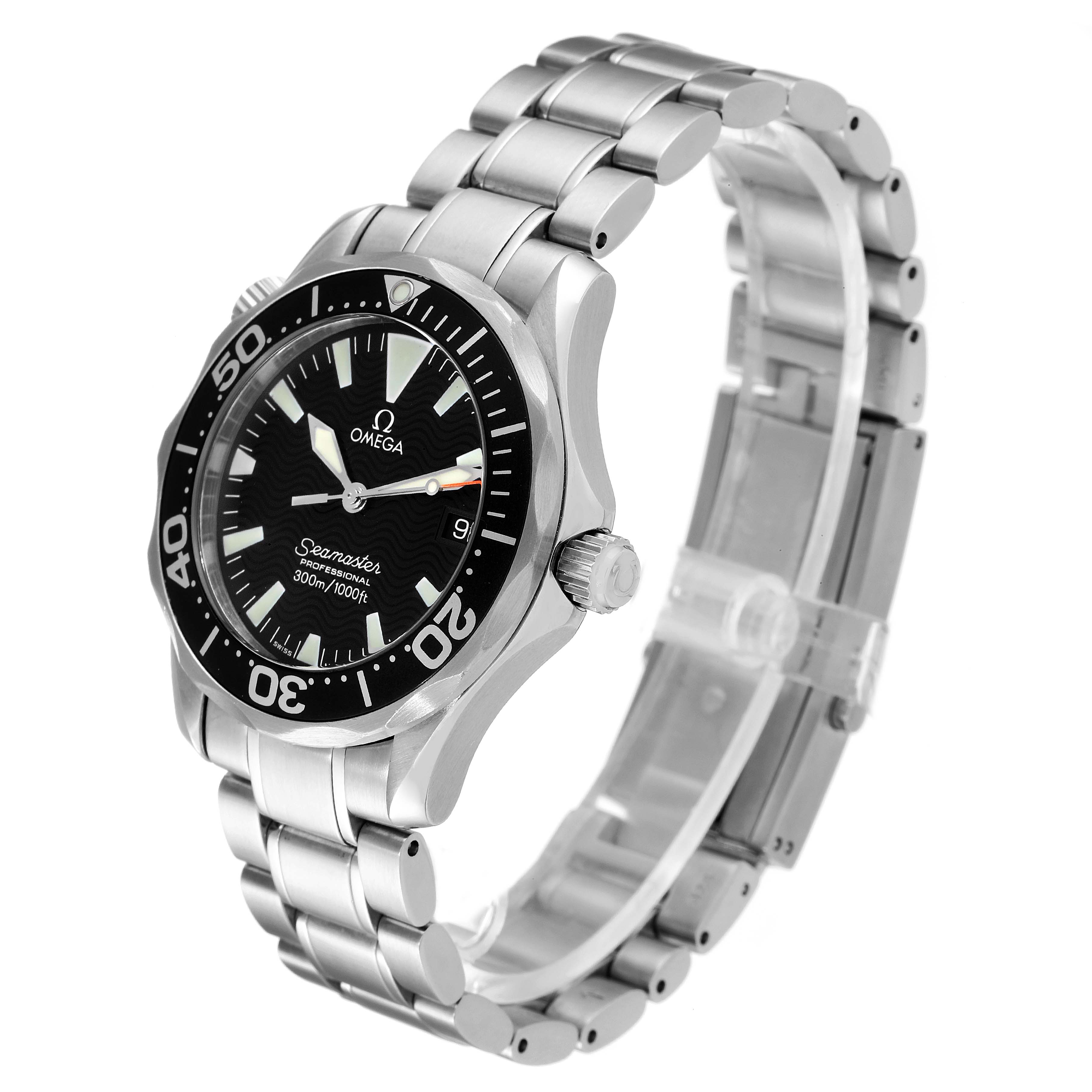 The Omega Seamaster 2262.50.00 Men's Stainless Steel Black Dial 2262.50.00 Men's Stainless Steel Black Dial watch is shown at an oblique angle, displaying its face, bezel, crown, and stainless steel bracelet.