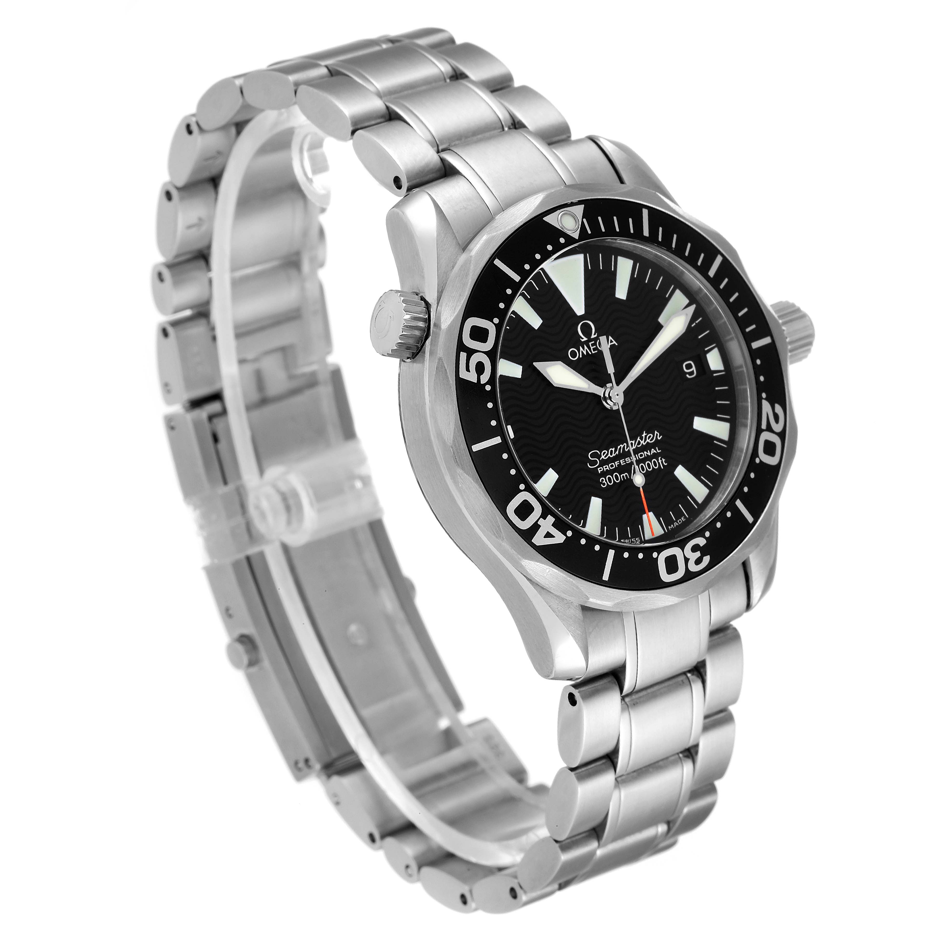 The image shows a side and front angle of an Omega Seamaster 2262.50.00 Men's Stainless Steel Black Dial 2262.50.00 Men's Stainless Steel Black Dial watch, displaying the dial, bezel, crown, and stainless steel bracelet.
