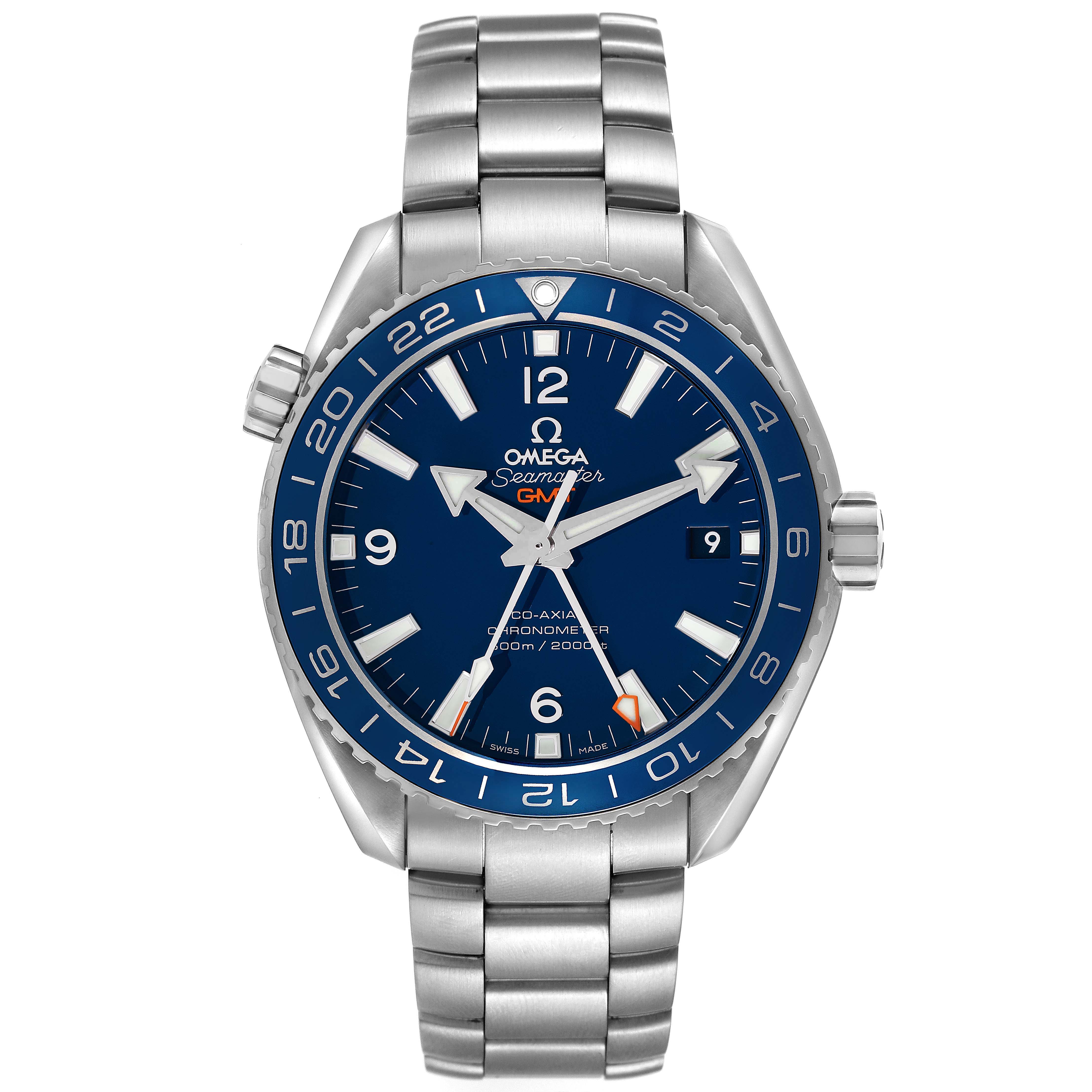 The Omega Planet Ocean 232.92.44.22.03.001 Men's Titanium Blue Dial watch is shown from a front angle, highlighting its face, bezel, and bracelet.
