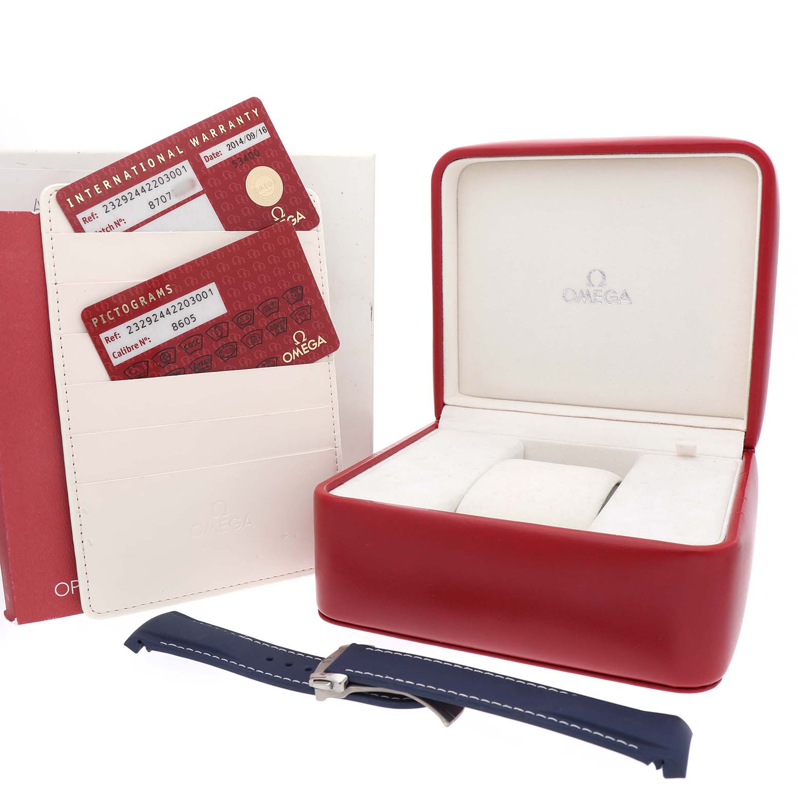 The image shows an Omega Planet Ocean 232.92.44.22.03.001 Men's Titanium Blue Dial watch box, warranty cards, and a blue strap with a clasp.