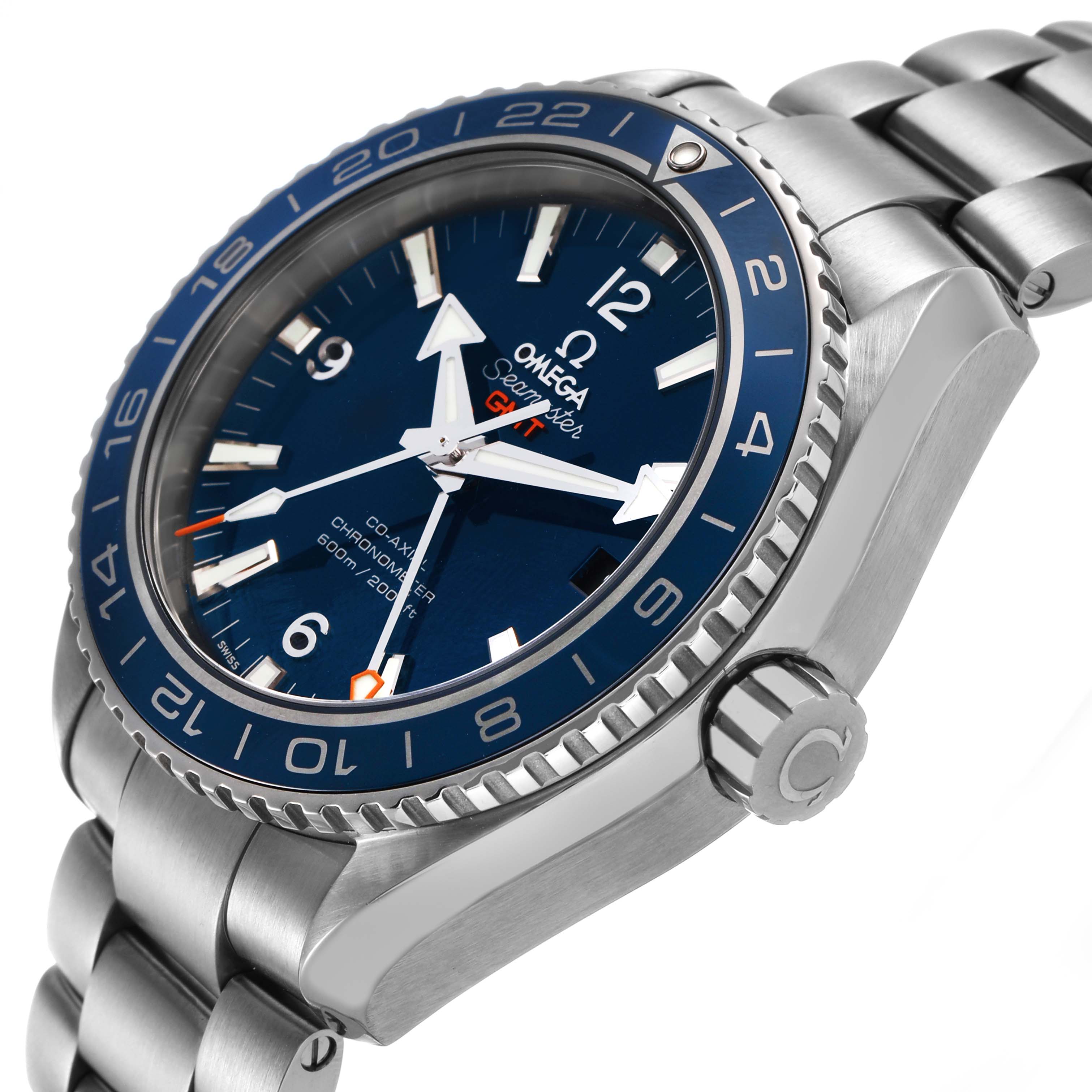 The Omega Planet Ocean 232.92.44.22.03.001 Men's Titanium Blue Dial watch is shown at a slight side angle, highlighting the bezel, crown, and bracelet.