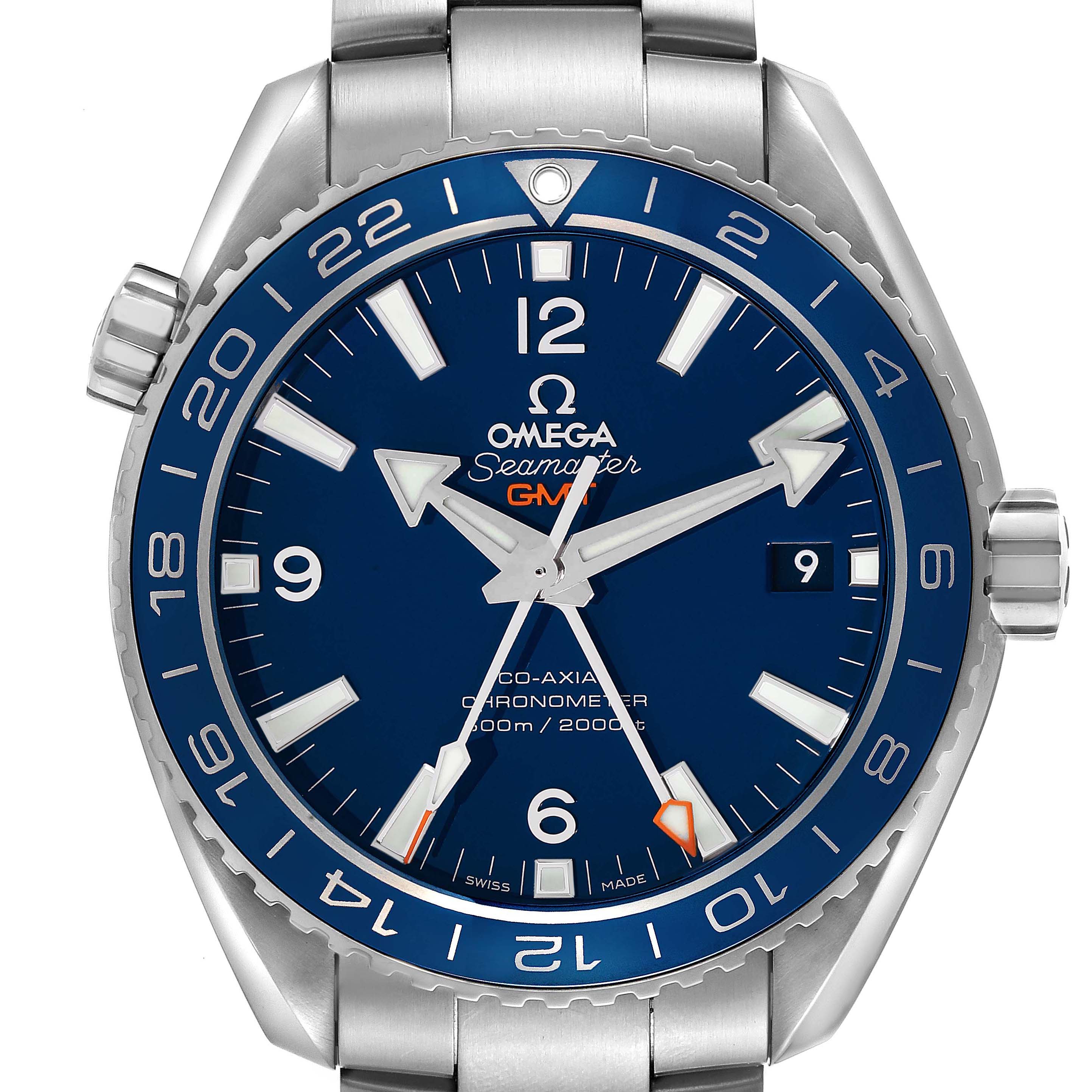 The Omega Planet Ocean 232.92.44.22.03.001 Men's Titanium Blue Dial watch is shown from the front, highlighting its blue dial, bezel, and details.