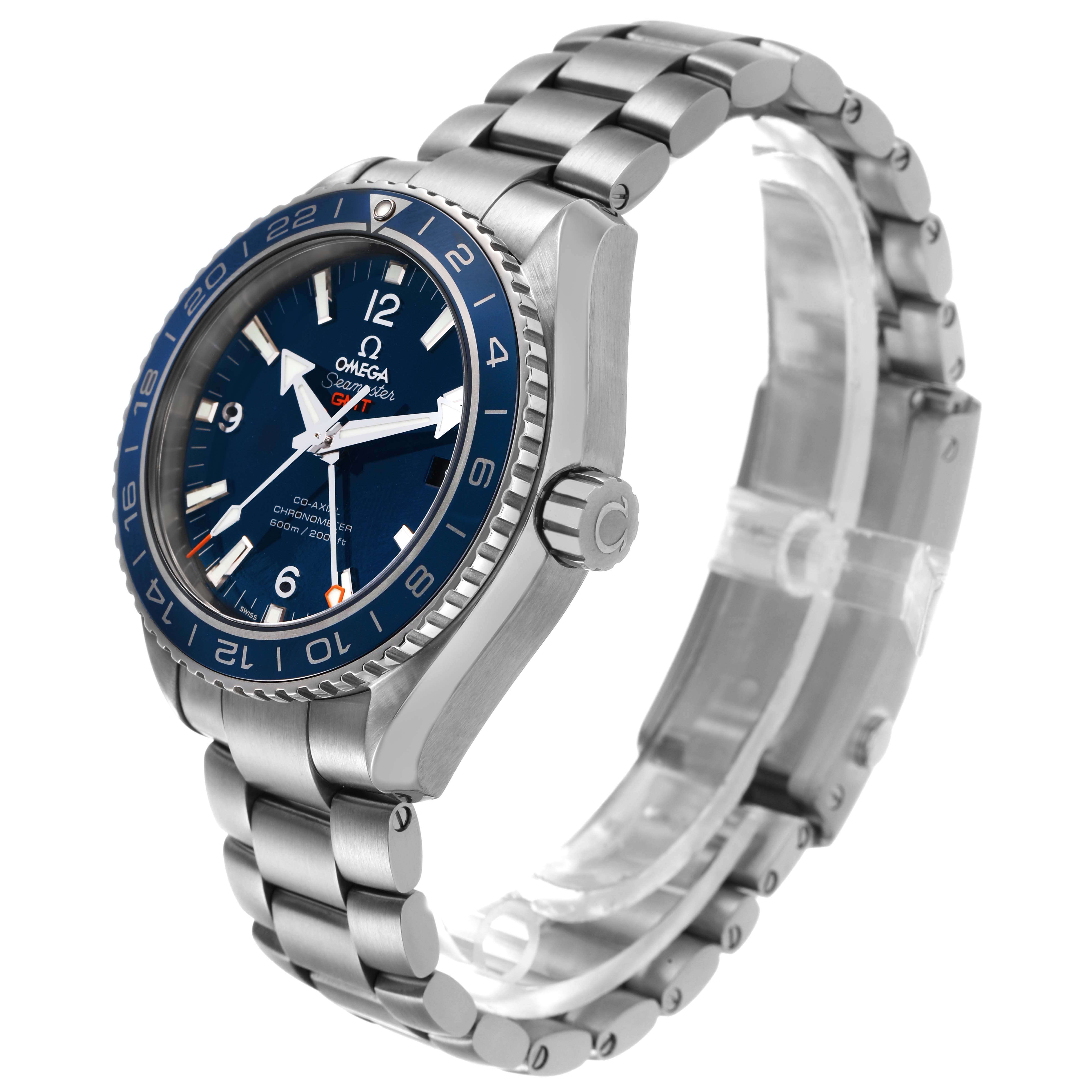 The Omega Planet Ocean 232.92.44.22.03.001 Men's Titanium Blue Dial watch is shown at a three-quarter angle, highlighting the dial, bezel, crown, and bracelet.