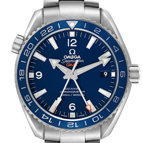 The Omega Planet Ocean 232.92.44.22.03.001 Men's Titanium Blue Dial watch is shown from the front, highlighting the dial, bezel, crown, and bracelet links.
