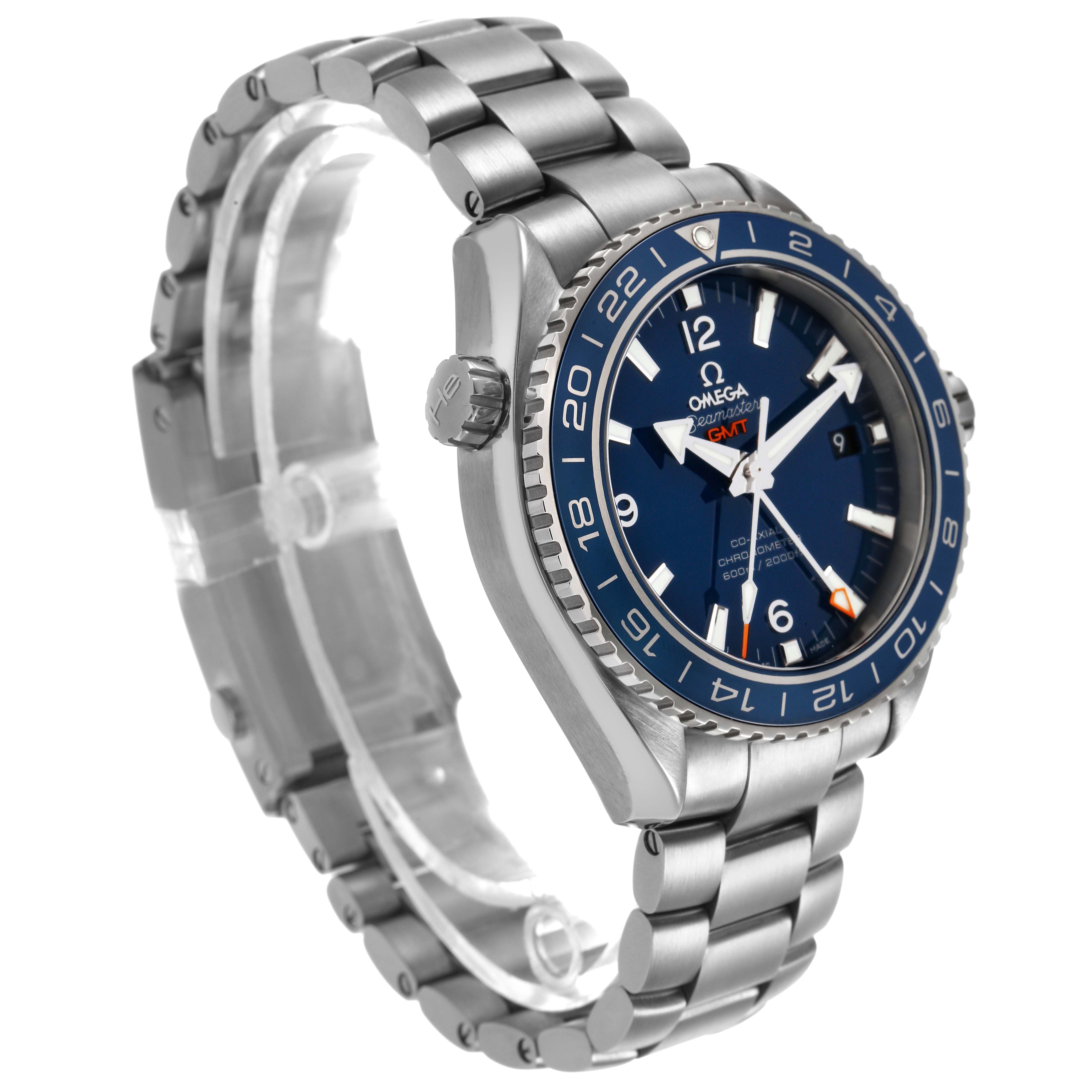 The image shows a side and angled view of the Omega Planet Ocean 232.92.44.22.03.001 Men's Titanium Blue Dial watch, highlighting the bezel, dial, and bracelet.