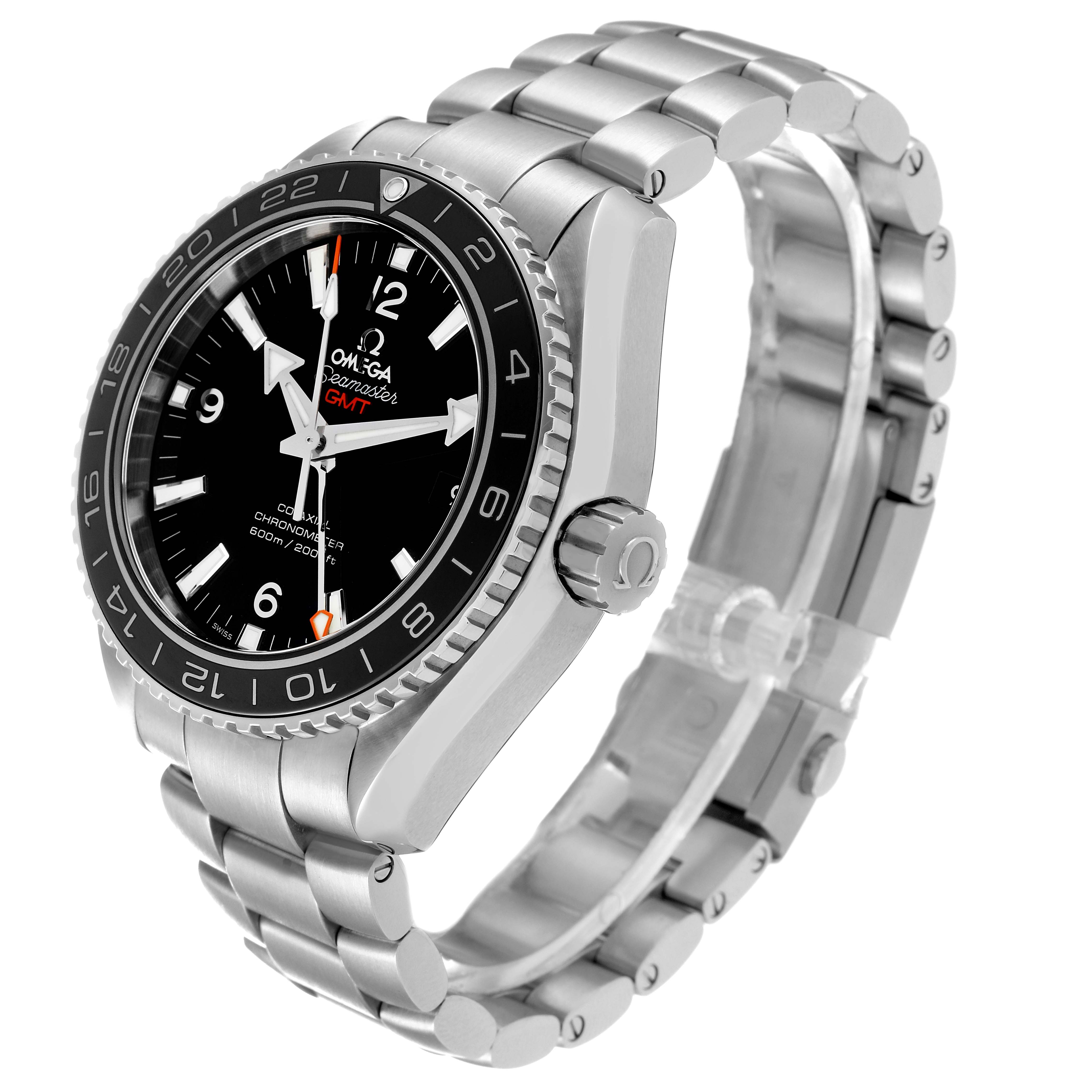 The image shows a side angle of the Omega Planet Ocean 232.30.44.22.01.001 Men
s Stainless Steel Black Dial 232.30.44.22.01.001 Men
s Stainless Steel Black Dial watch, displaying the crown, bezel, dial, and part of the bracelet.