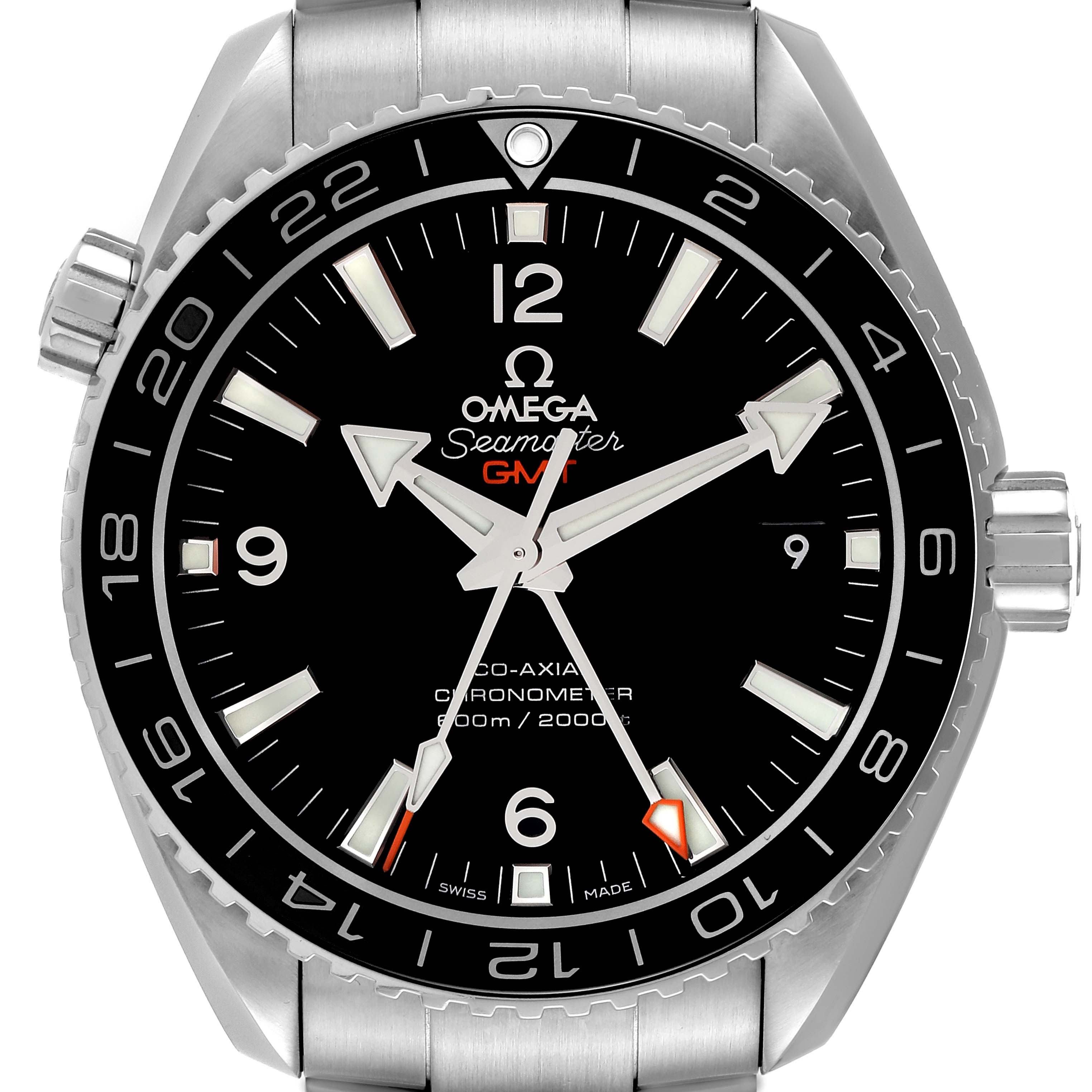 The image shows a frontal view of the Omega Planet Ocean 232.30.44.22.01.001 Men
s Stainless Steel Black Dial 232.30.44.22.01.001 Men
s Stainless Steel Black Dial Seamaster GMT watch, highlighting its dial, bezel, and crown.