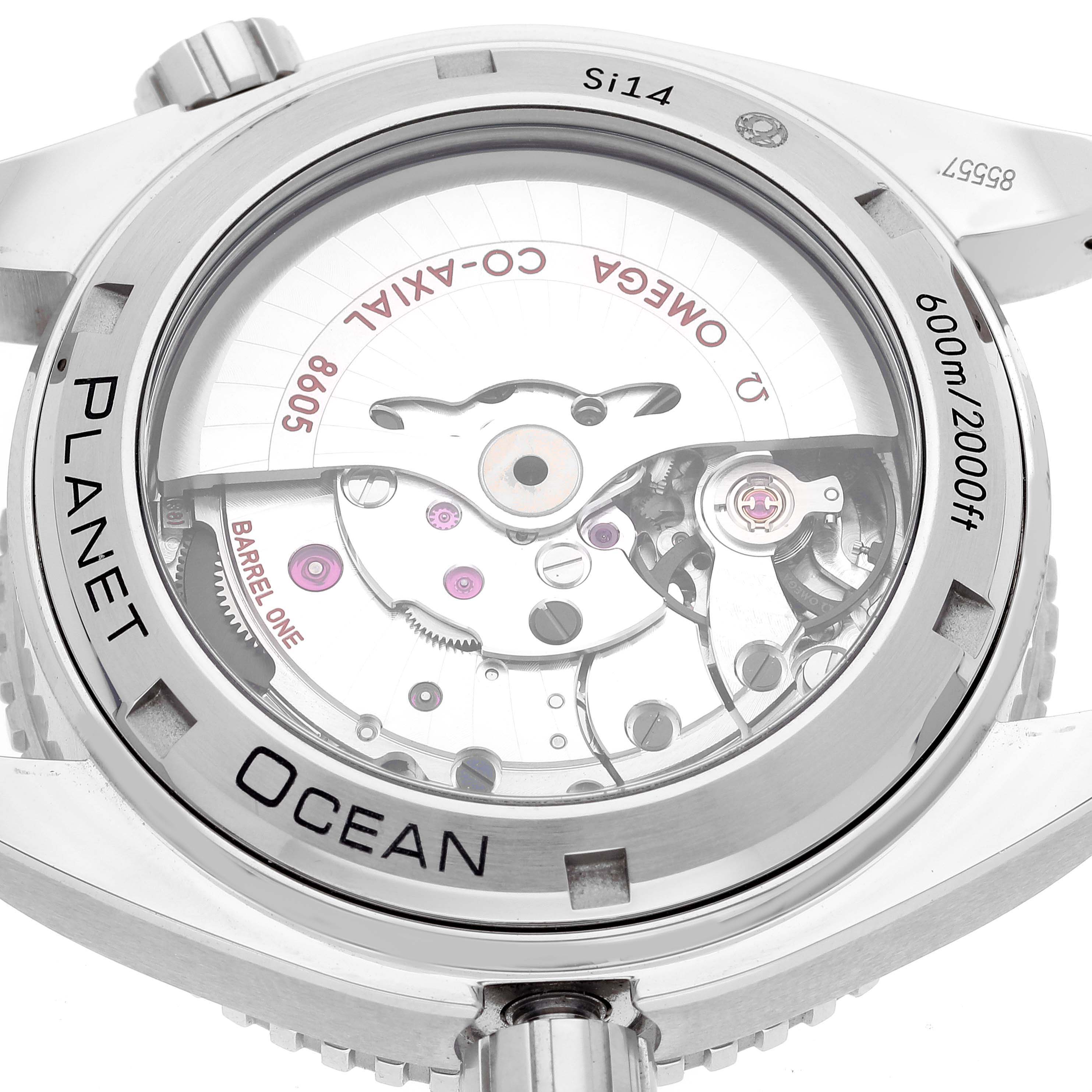 The image shows the back view of the Omega Planet Ocean 232.30.44.22.01.001 Men
s Stainless Steel Black Dial 232.30.44.22.01.001 Men
s Stainless Steel Black Dial watch, highlighting its internal mechanical movement.