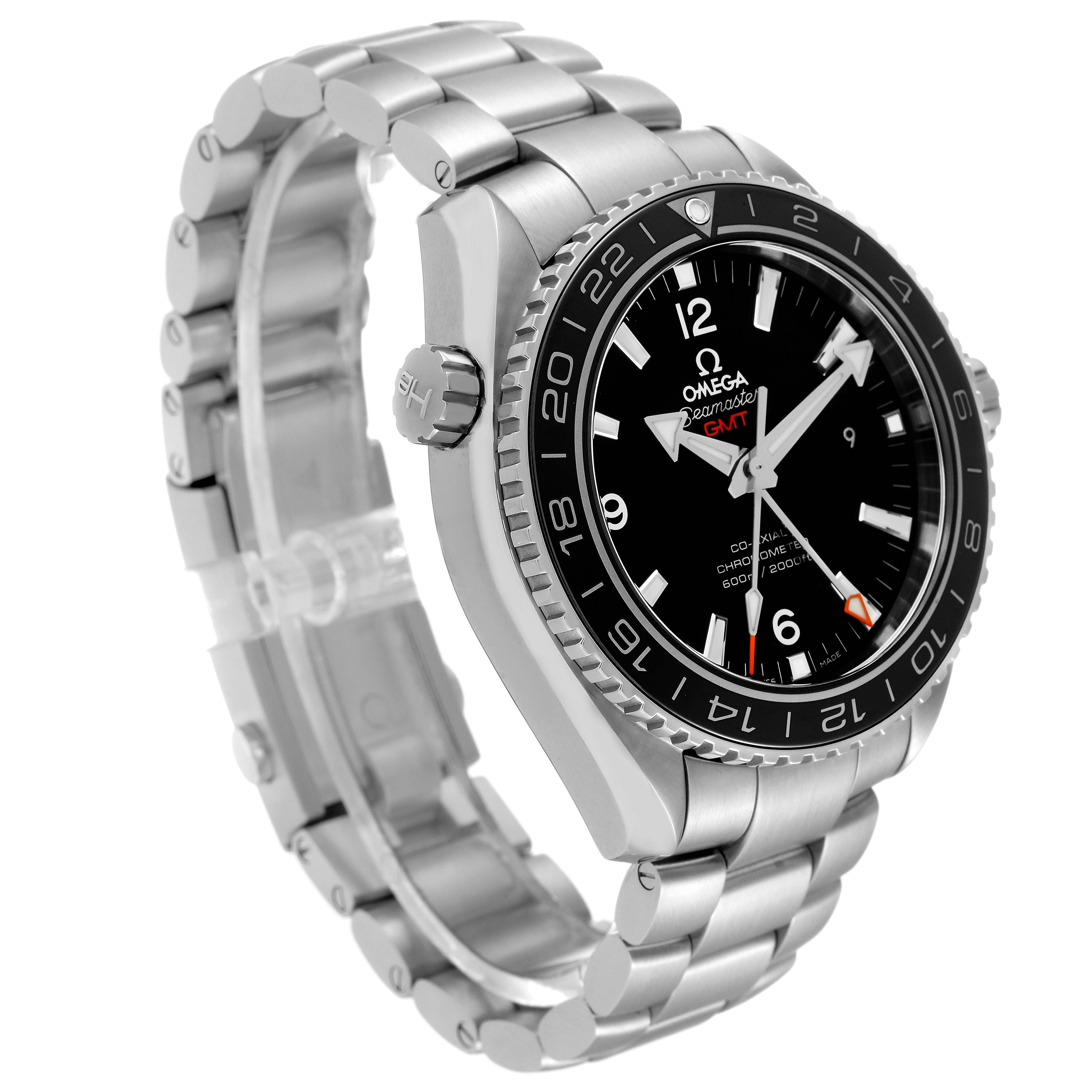 The image displays the Omega Planet Ocean 232.30.44.22.01.001 Men
s Stainless Steel Black Dial 232.30.44.22.01.001 Men
s Stainless Steel Black Dial watch from a three-quarter angle, showing its face, bezel, crown, and bracelet.