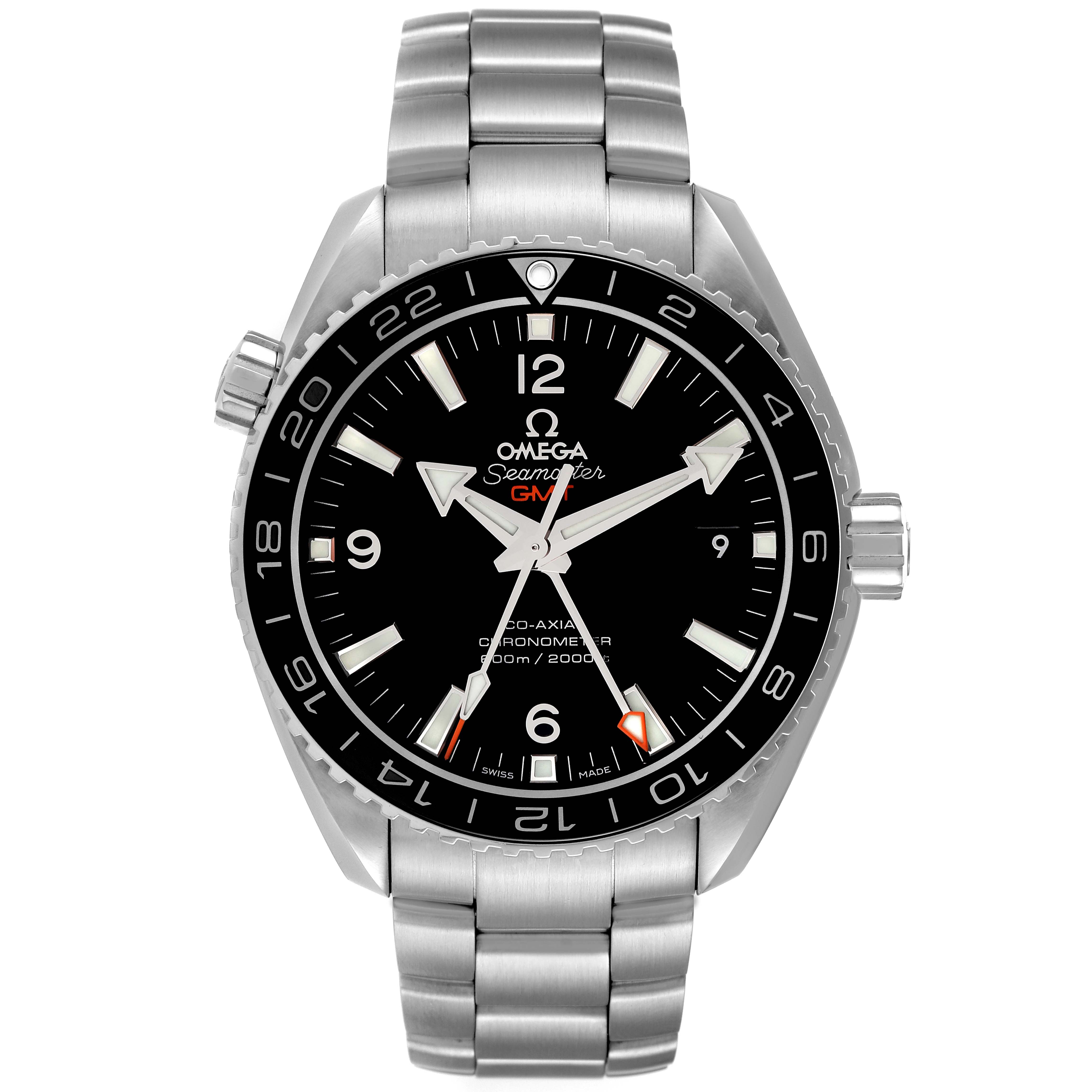 The image shows a front view of the Omega Planet Ocean 232.30.44.22.01.001 Men
s Stainless Steel Black Dial 232.30.44.22.01.001 Men
s Stainless Steel Black Dial watch, highlighting its black face, metal bracelet, and bezel.