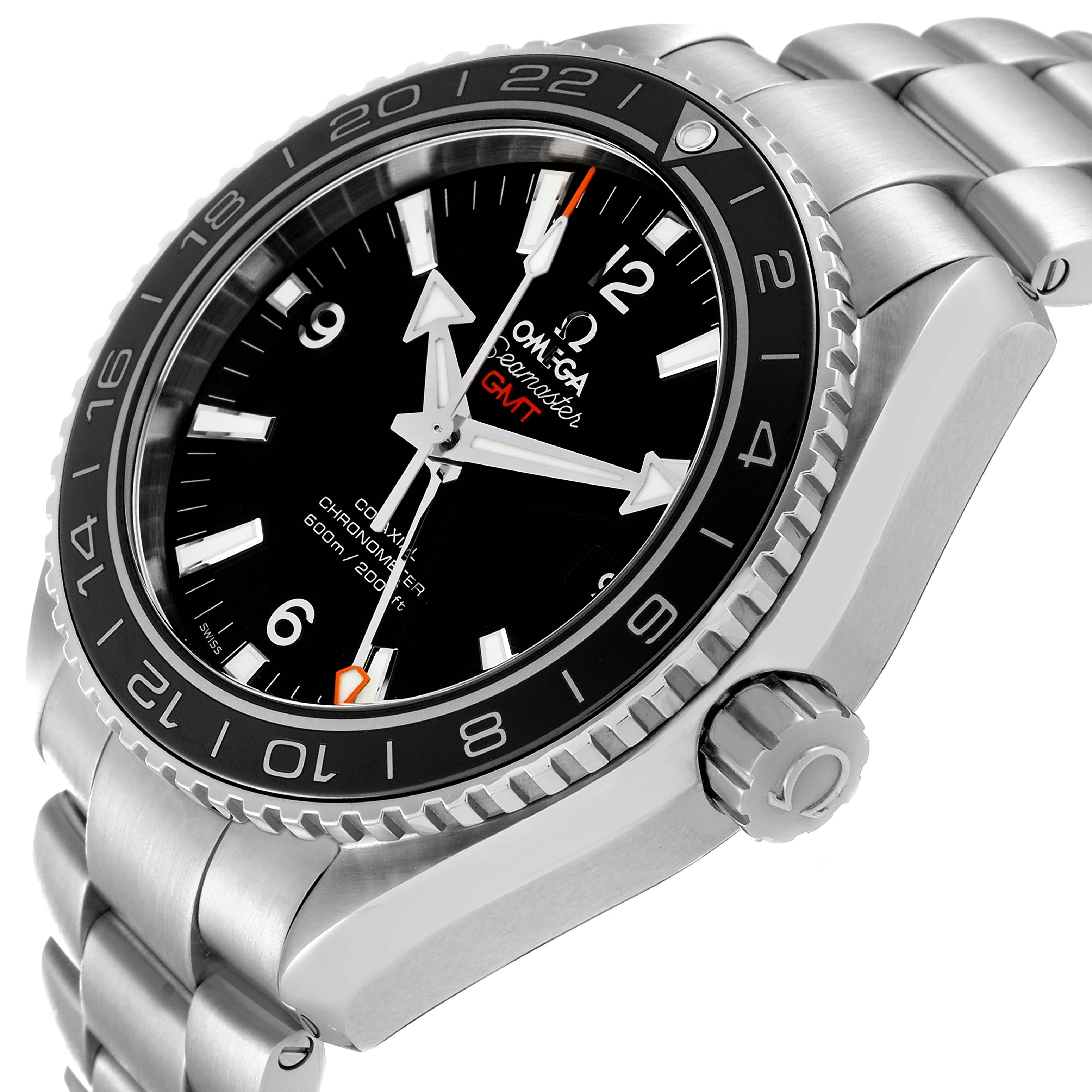 The image shows a side angle view of the Omega Planet Ocean 232.30.44.22.01.001 Men
s Stainless Steel Black Dial 232.30.44.22.01.001 Men
s Stainless Steel Black Dial watch, highlighting the dial, bezel, case, and bracelet.