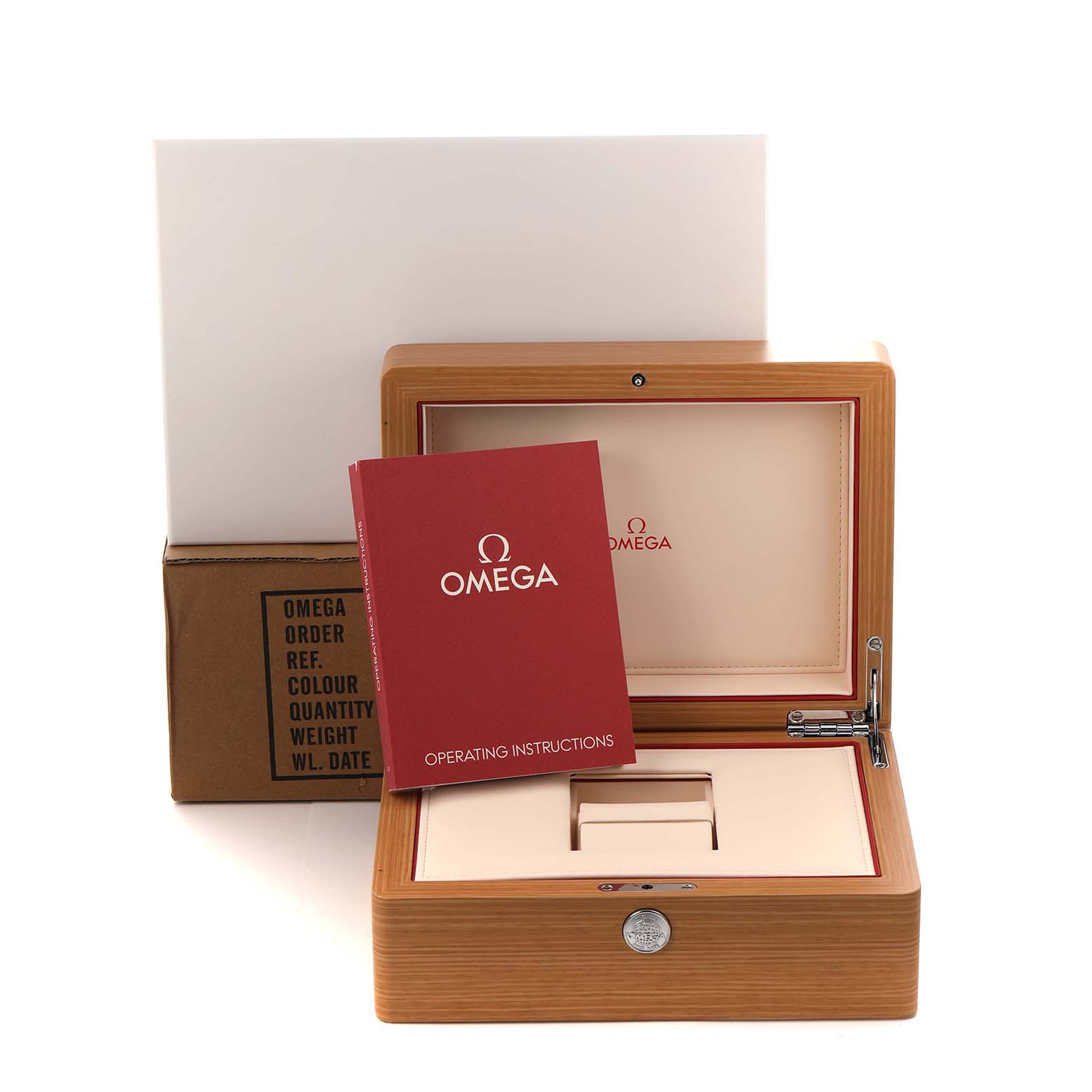 The image shows an Omega Planet Ocean 215.30.44.21.01.001 Men
s Stainless Steel Black Dial watch box, operating instructions, and packaging, viewed from the front.