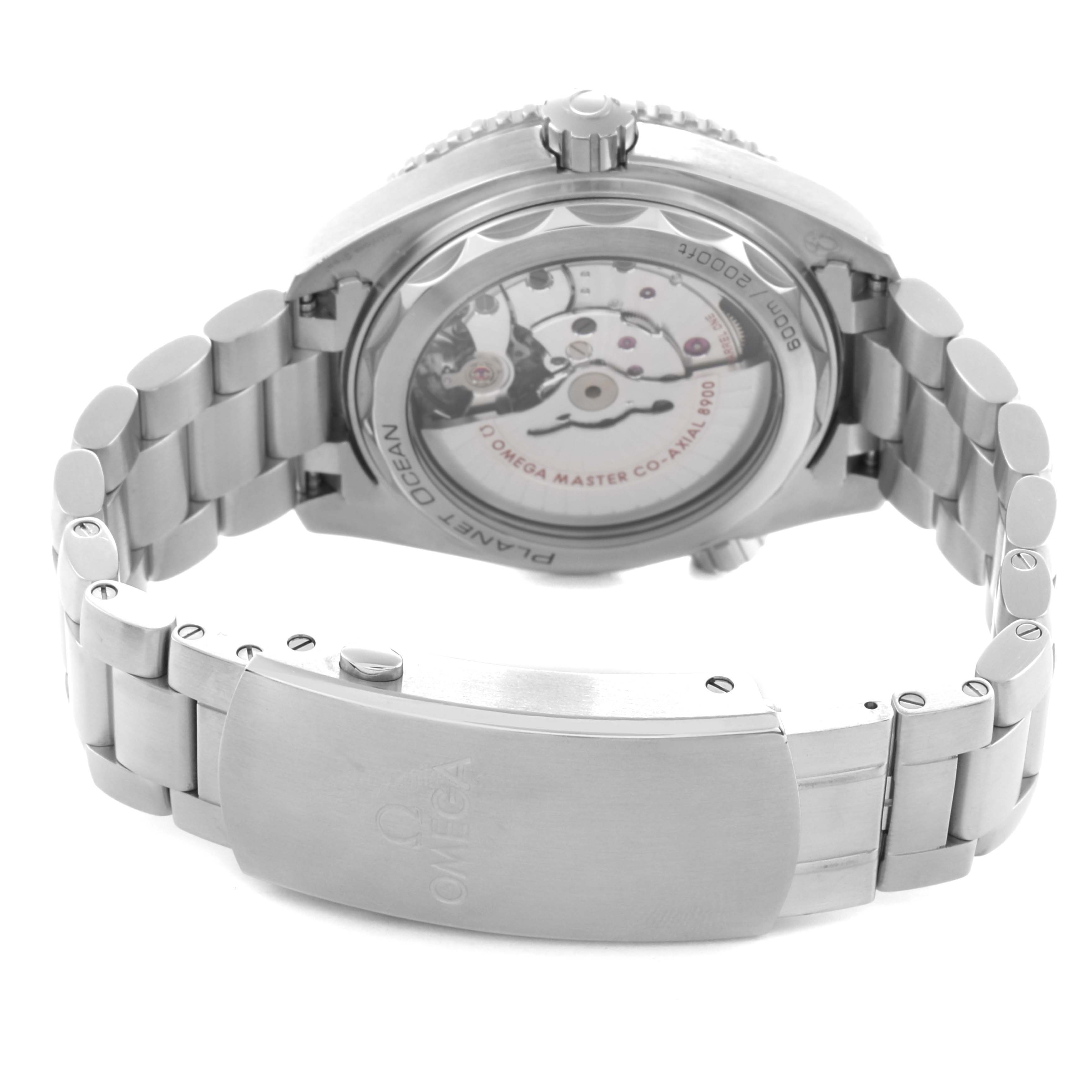 The Omega Planet Ocean 215.30.44.21.01.001 Men
s Stainless Steel Black Dial watch is displayed from the back, showcasing the transparent case back and metal bracelet.